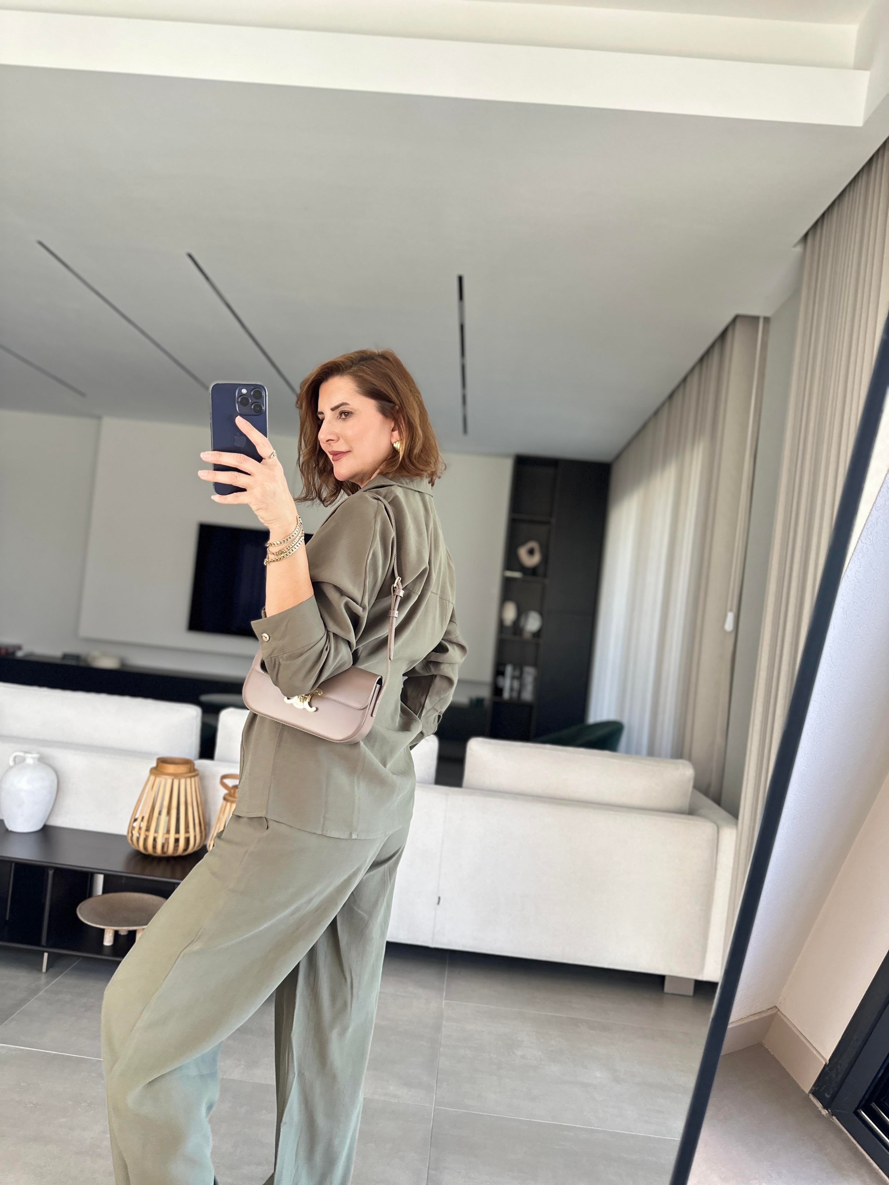 Haki Gömleği Tokalı Tencel Pantolonlu Takım