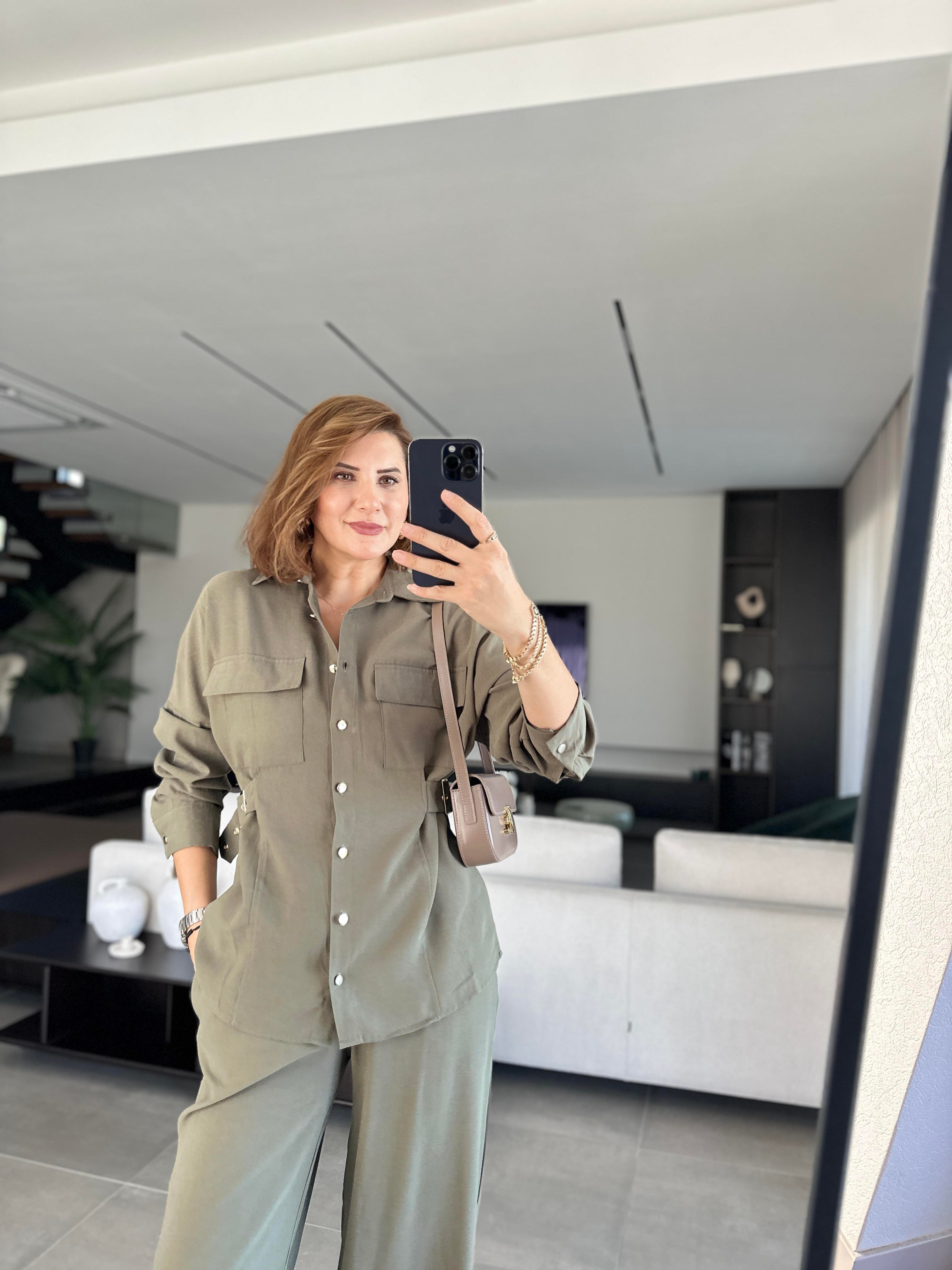 Haki Gömleği Tokalı Tencel Pantolonlu Takım