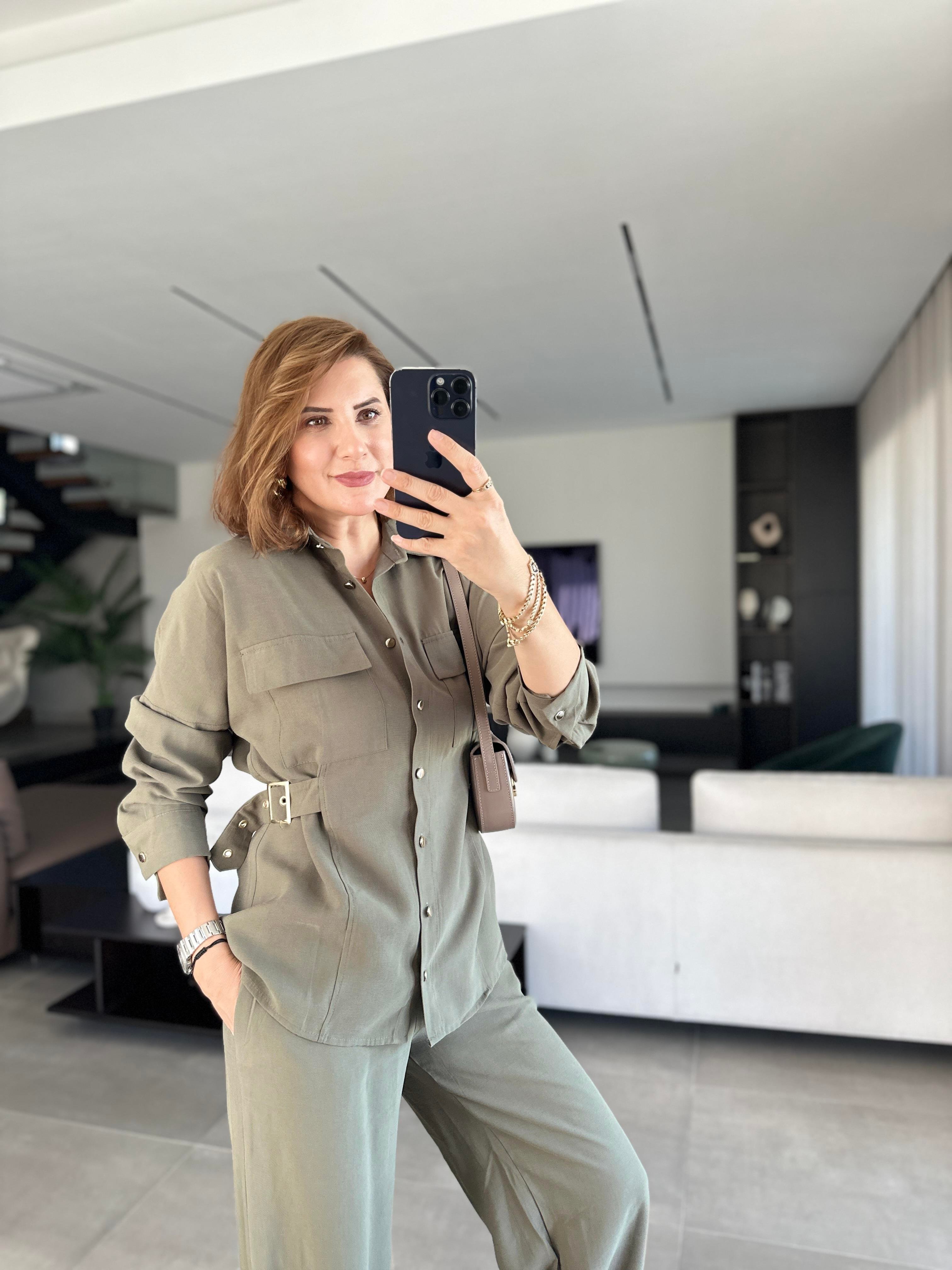 Haki Gömleği Tokalı Tencel Pantolonlu Takım