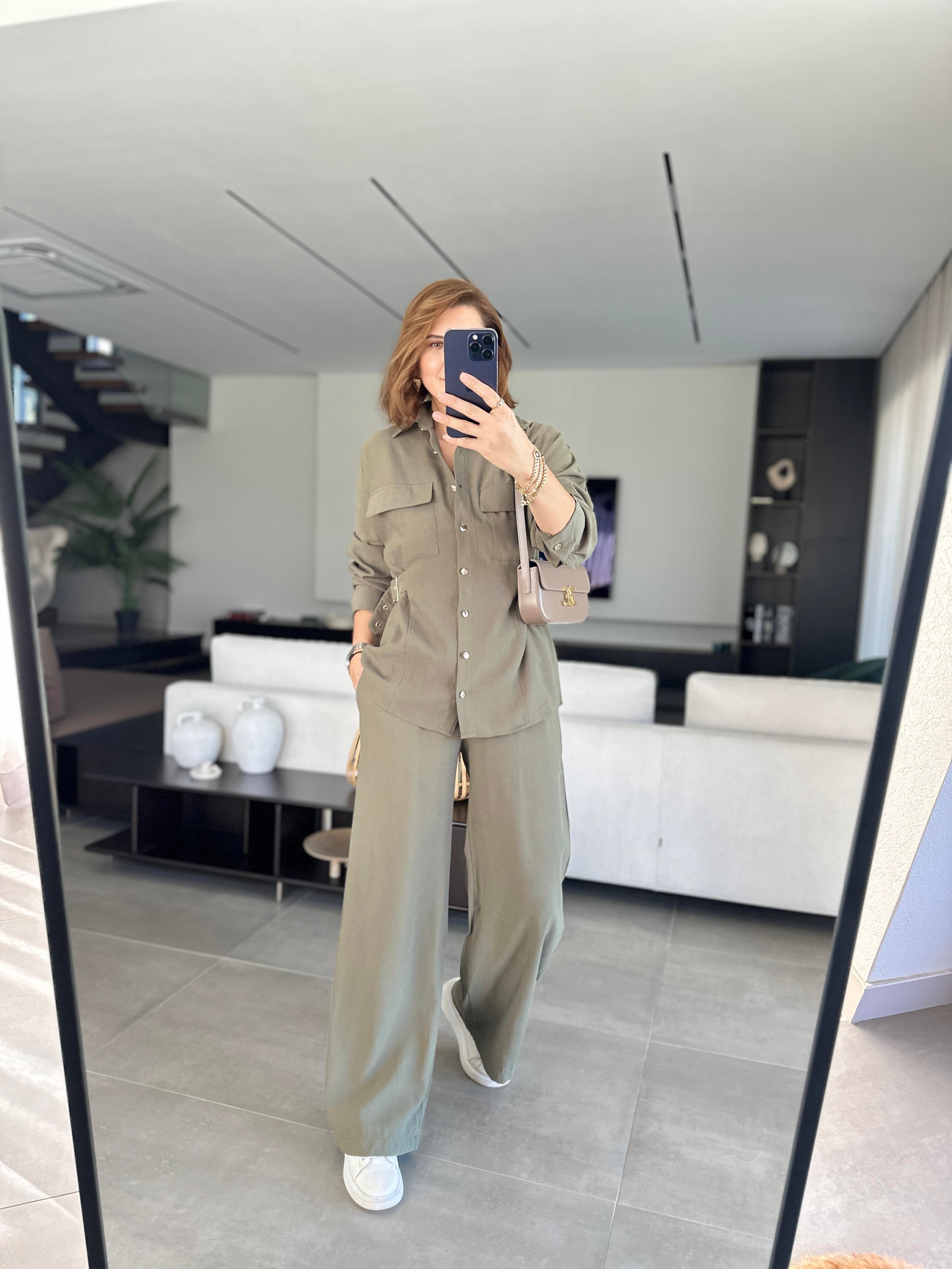 Haki Gömleği Tokalı Tencel Pantolonlu Takım