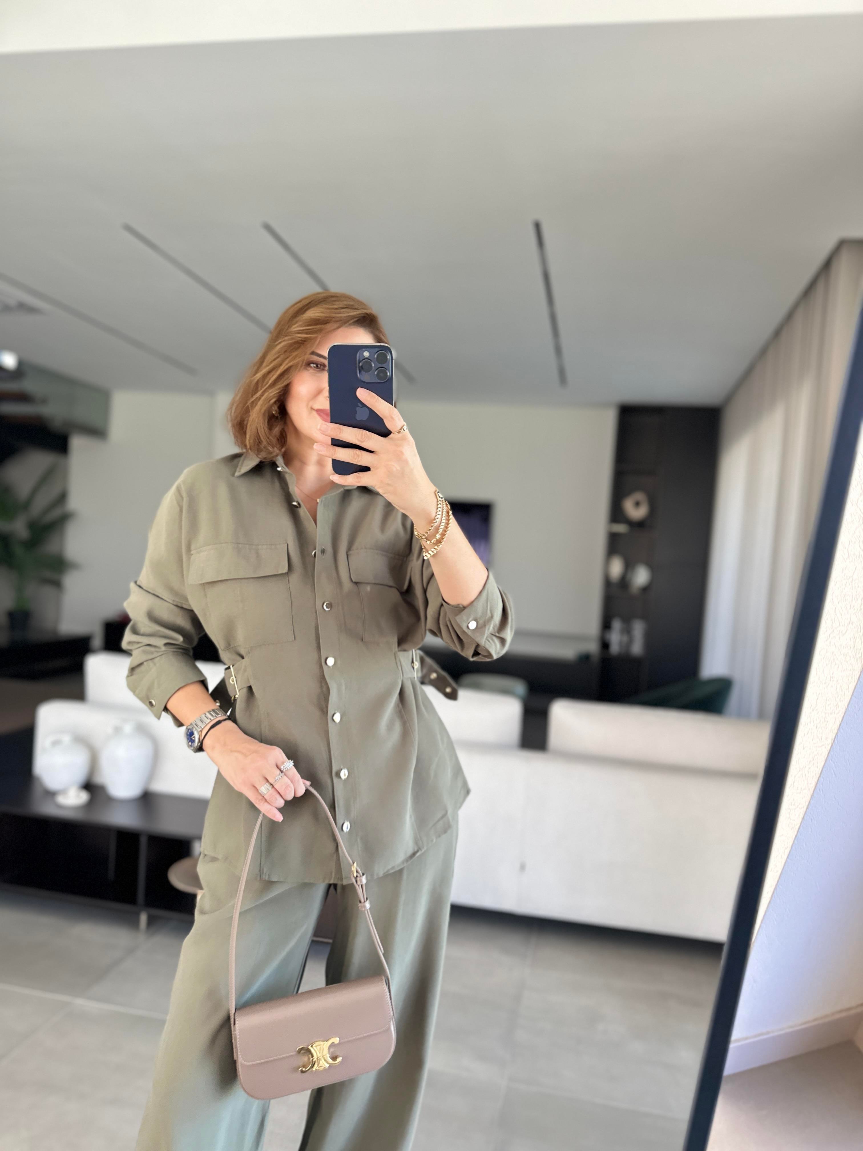 Haki Gömleği Tokalı Tencel Pantolonlu Takım