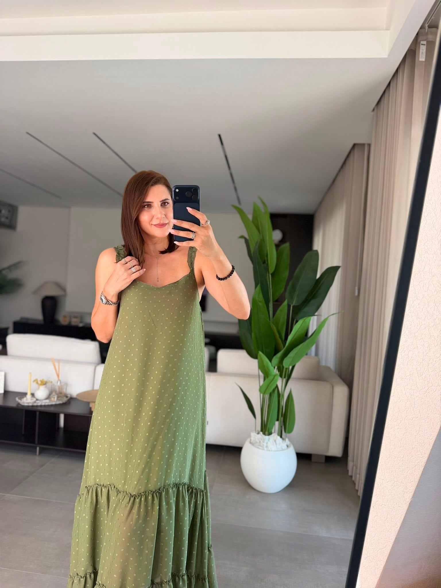 Haki İç Astarlı Şifon Fırfırlı Elbise