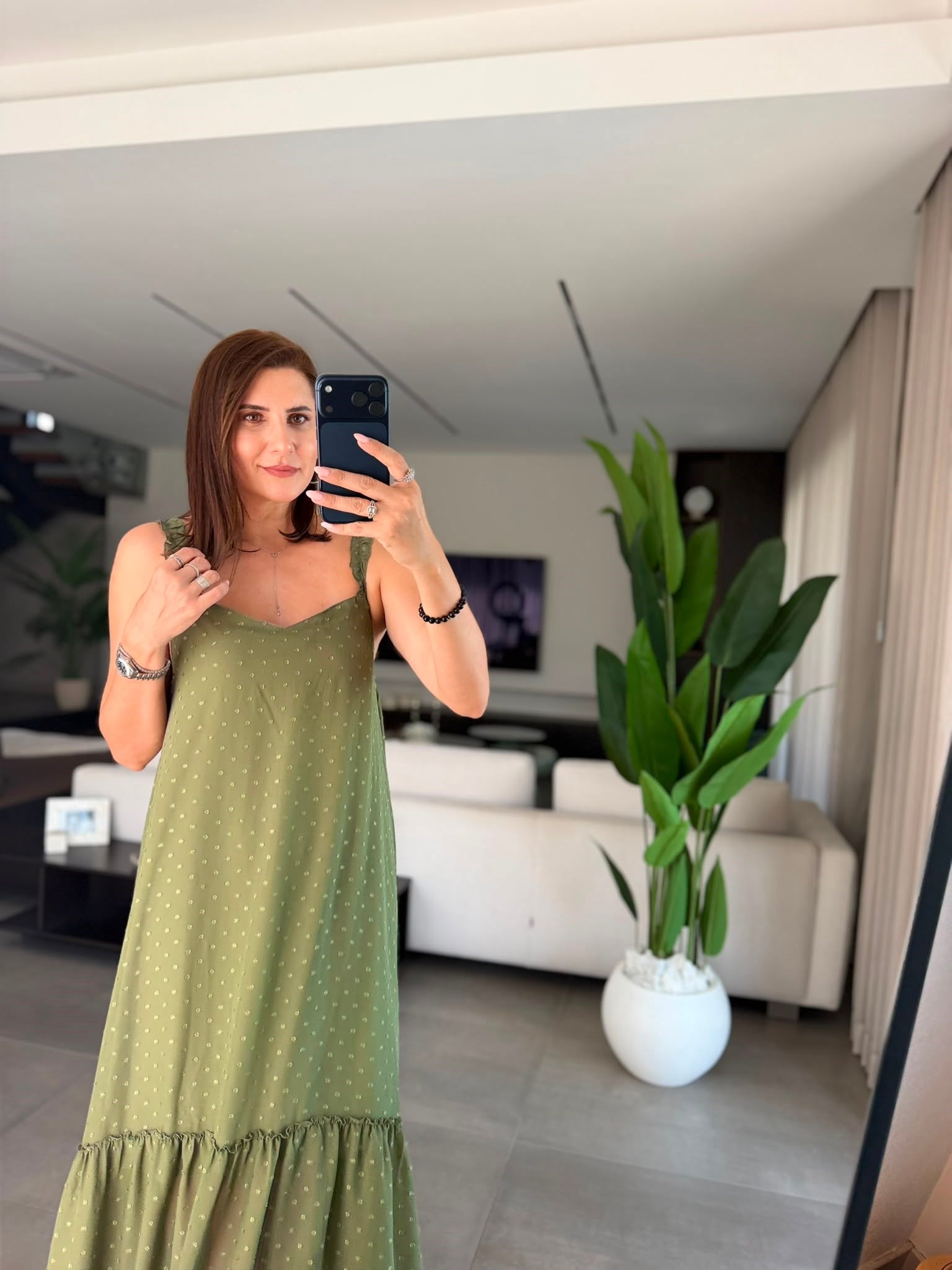 Haki İç Astarlı Şifon Fırfırlı Elbise