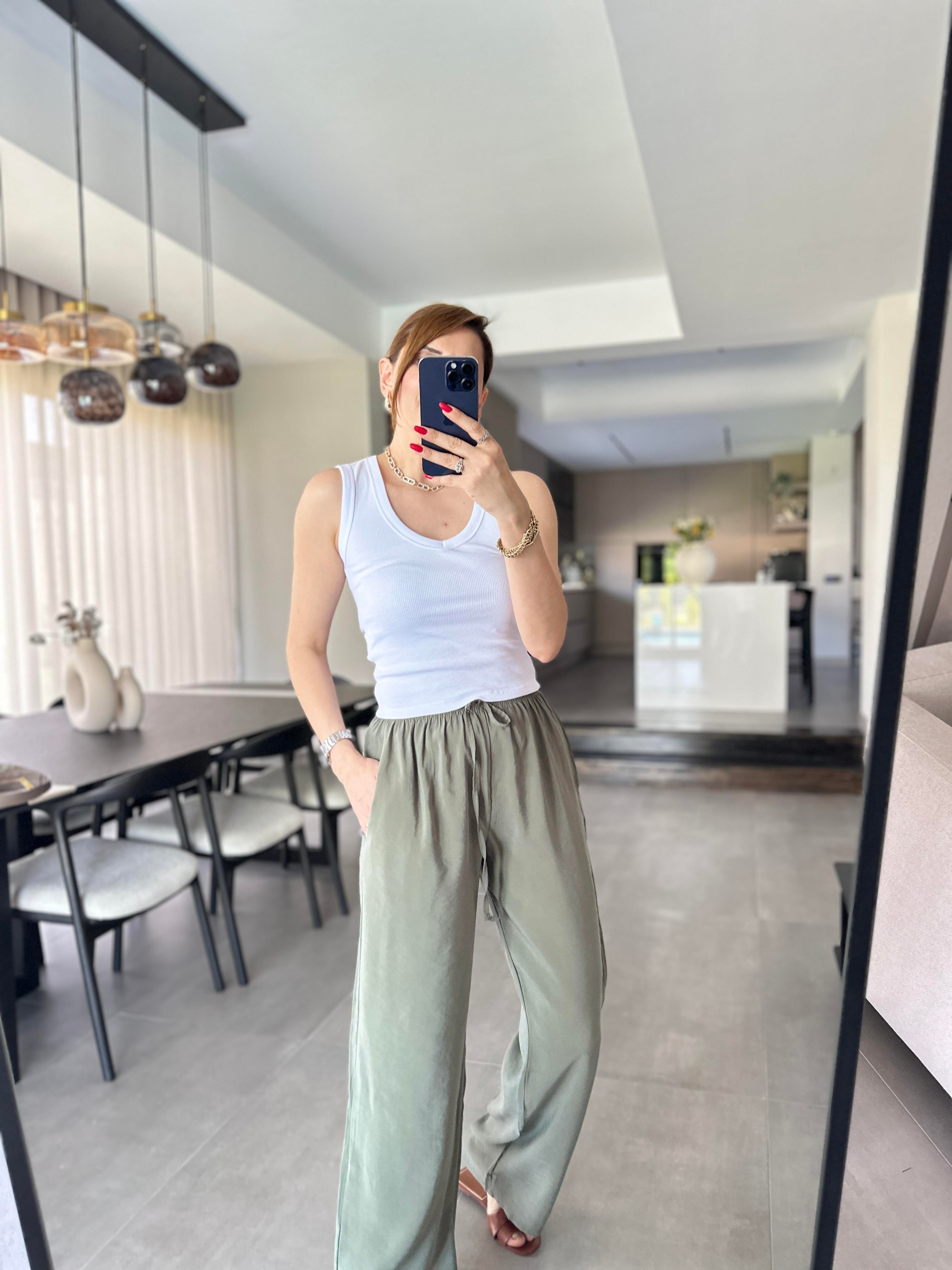 Haki İnce Kemerli Mas Pantolon