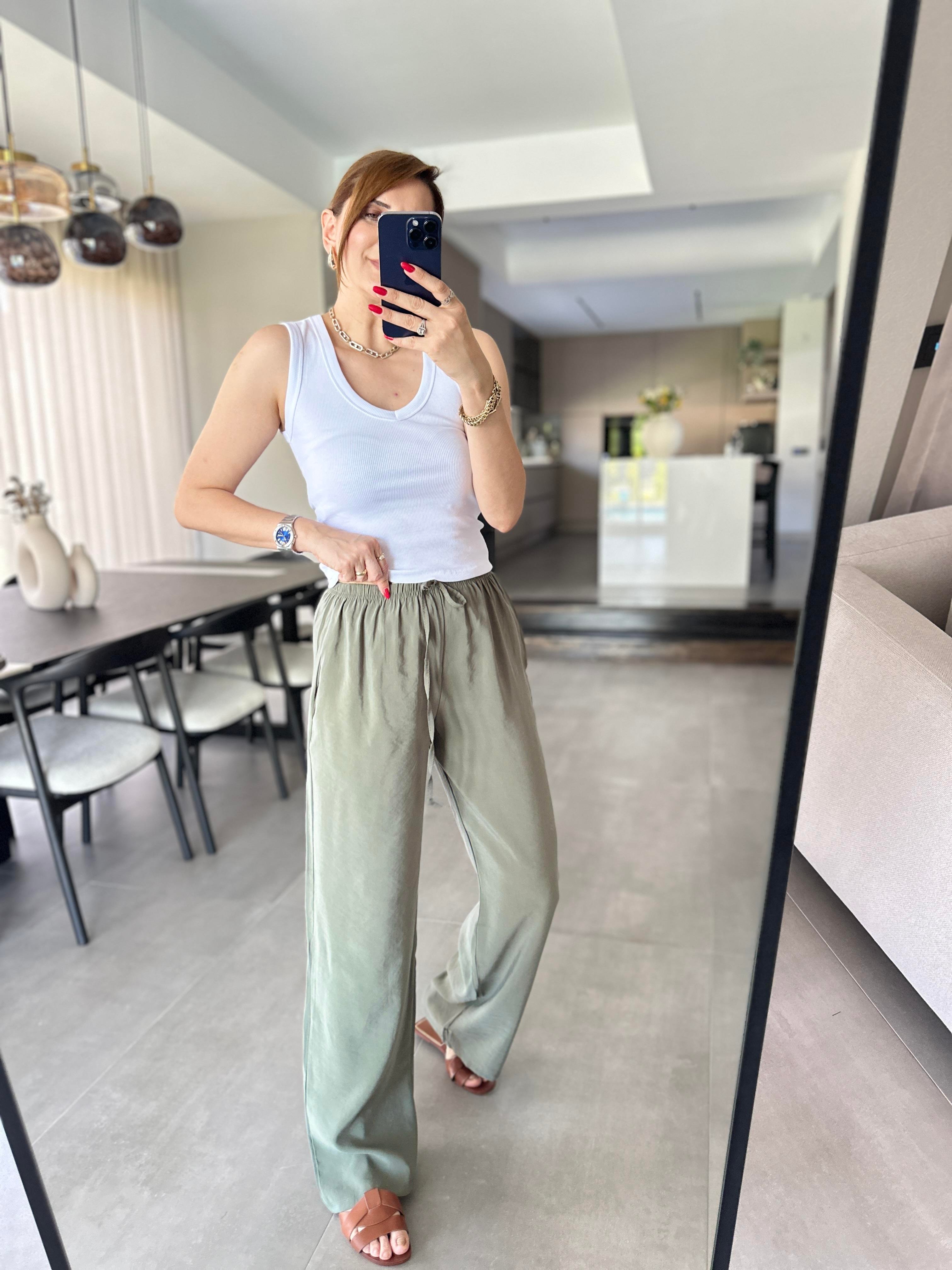 Haki İnce Kemerli Mas Pantolon