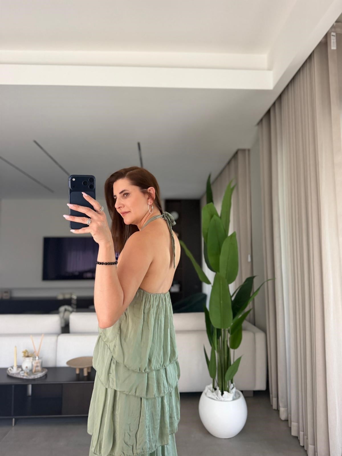 Haki Katkat Model Askılı İpek Elbise