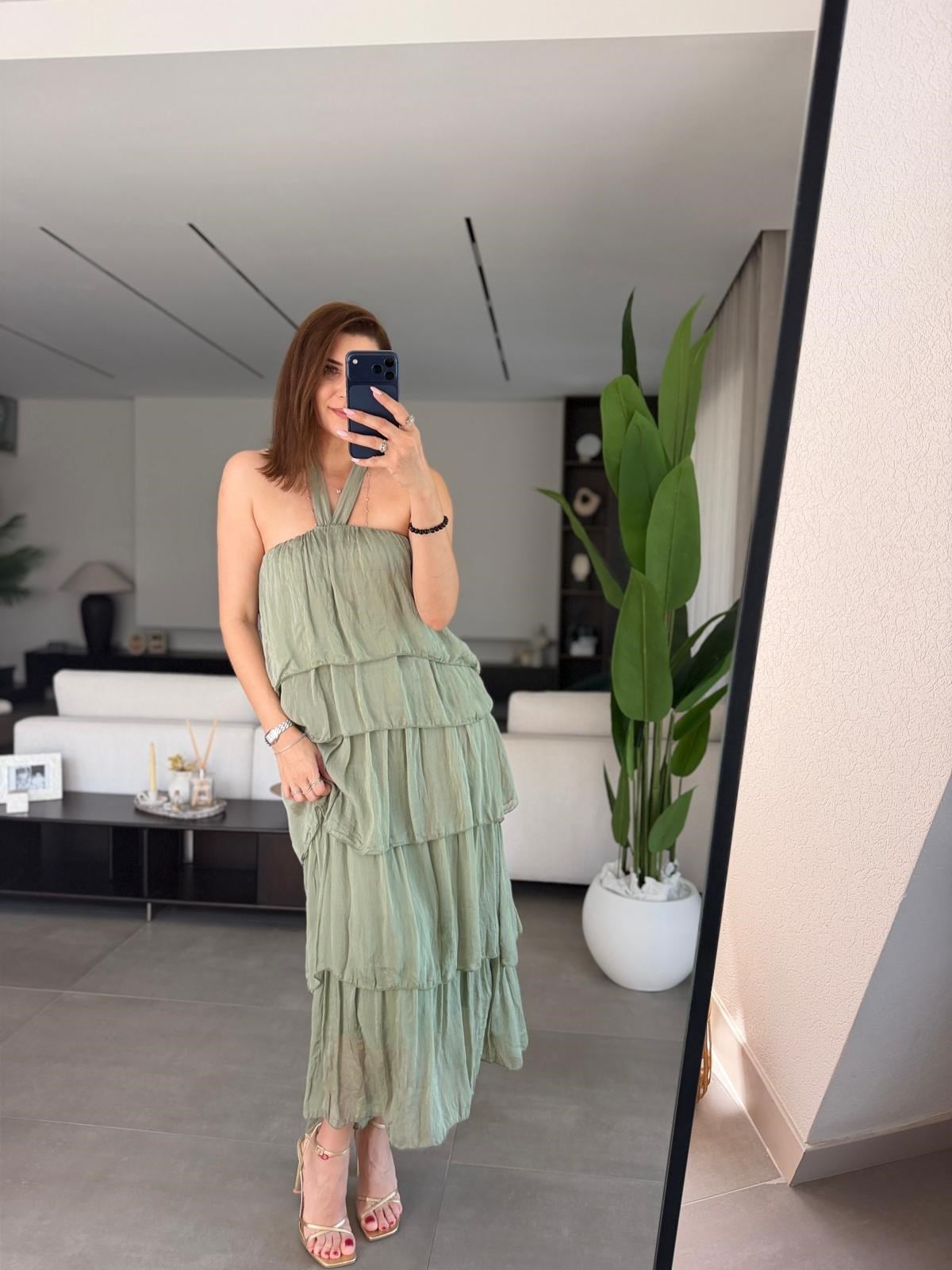 Haki Katkat Model Askılı İpek Elbise