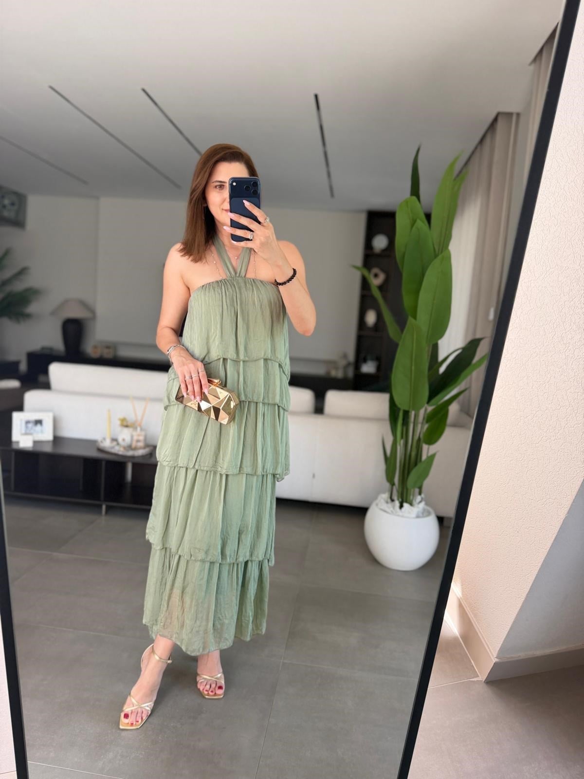 Haki Katkat Model Askılı İpek Elbise