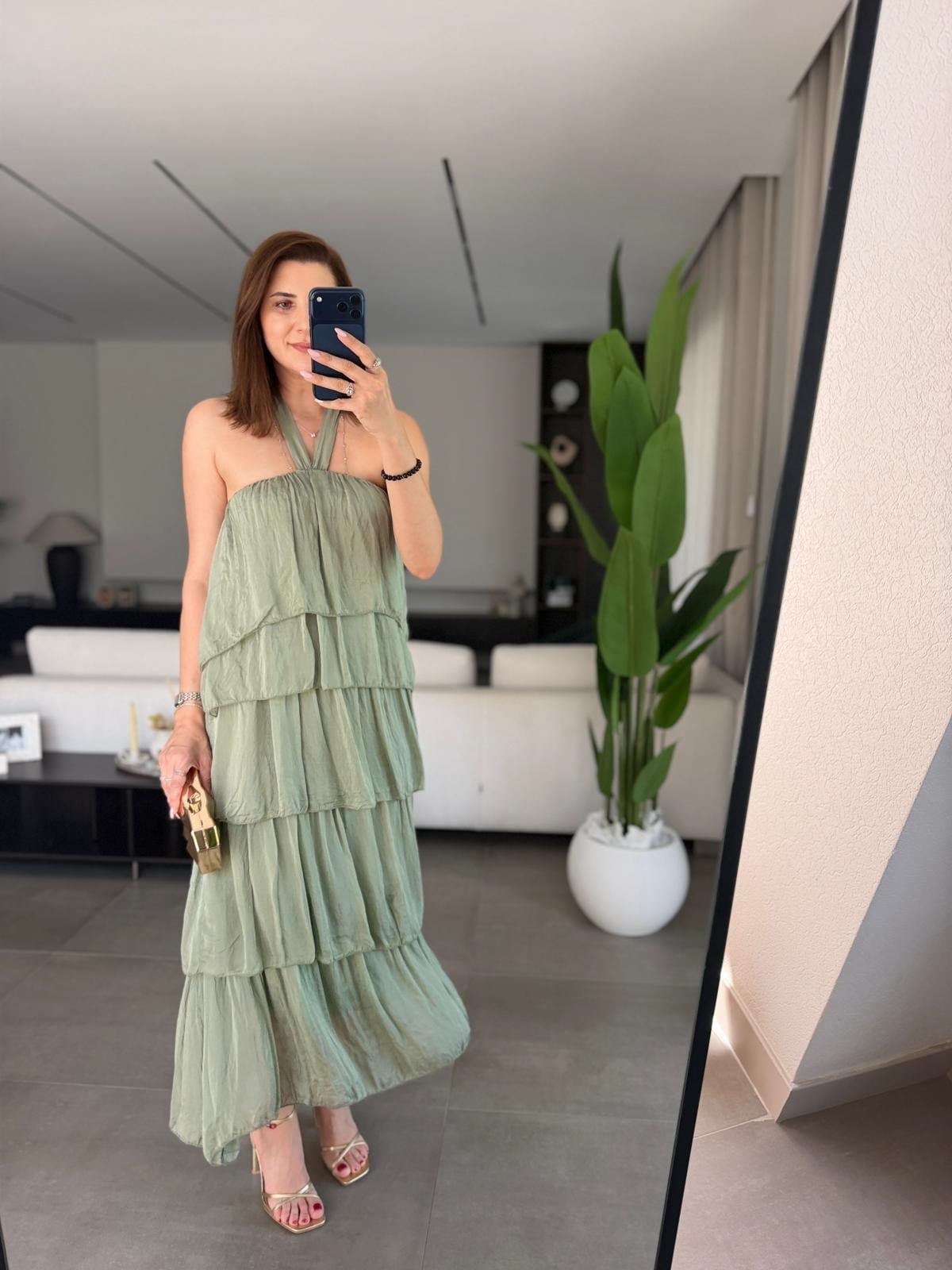Haki Katkat Model Askılı İpek Elbise
