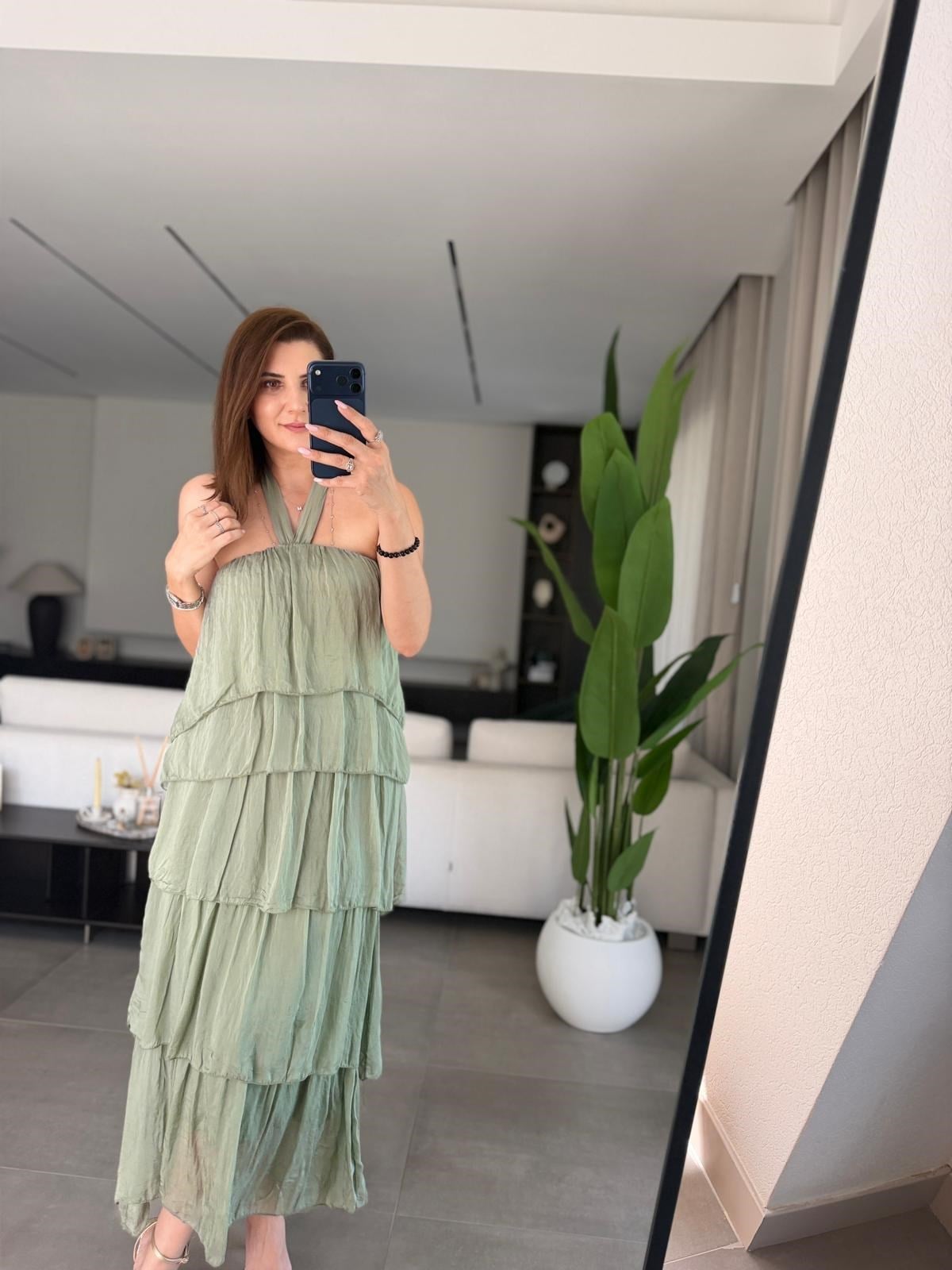 Haki Katkat Model Askılı İpek Elbise