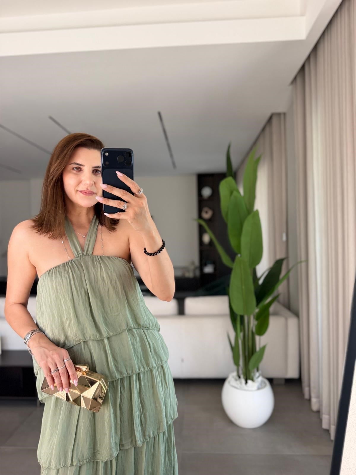 Haki Katkat Model Askılı İpek Elbise