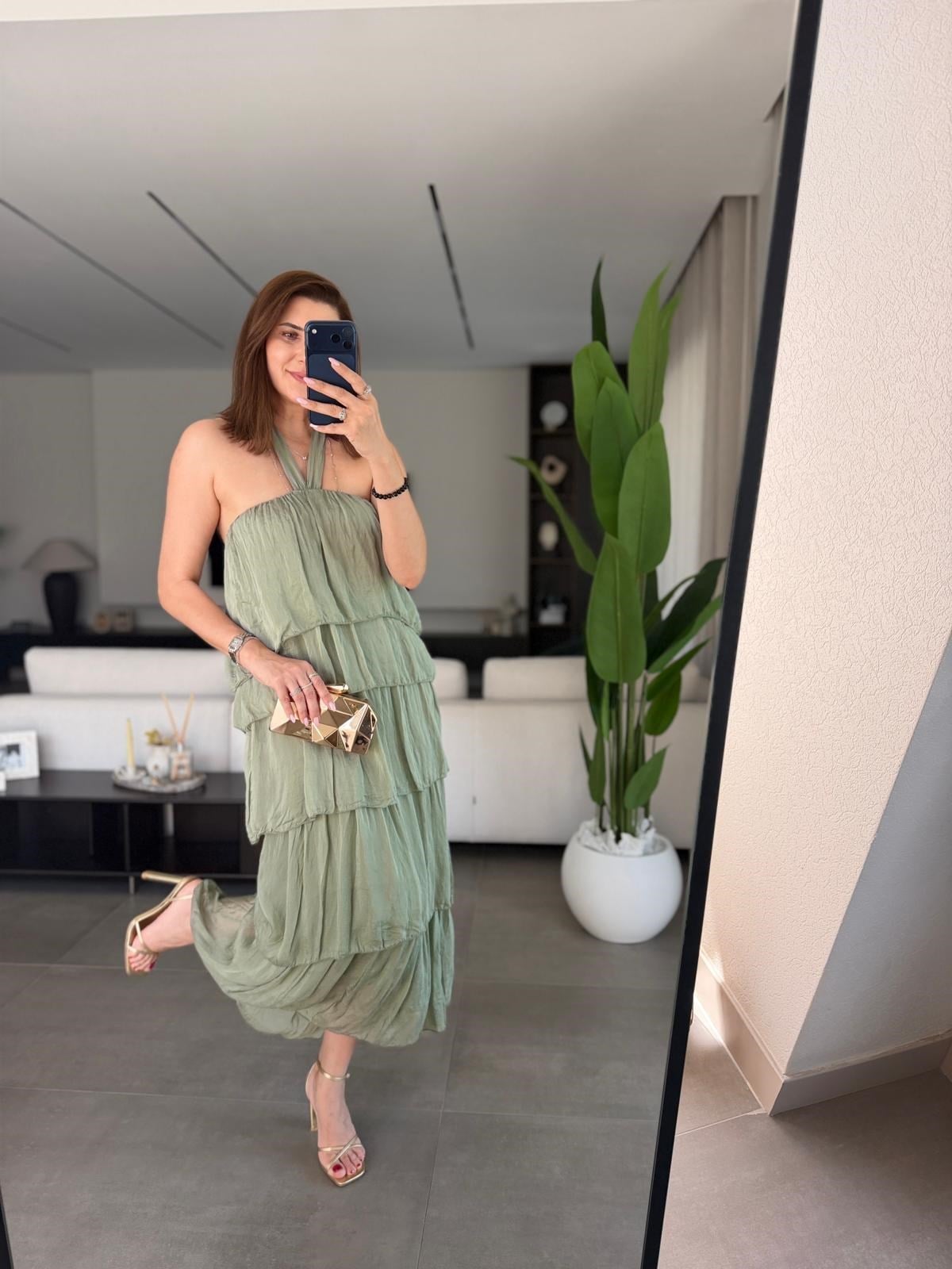 Haki Katkat Model Askılı İpek Elbise