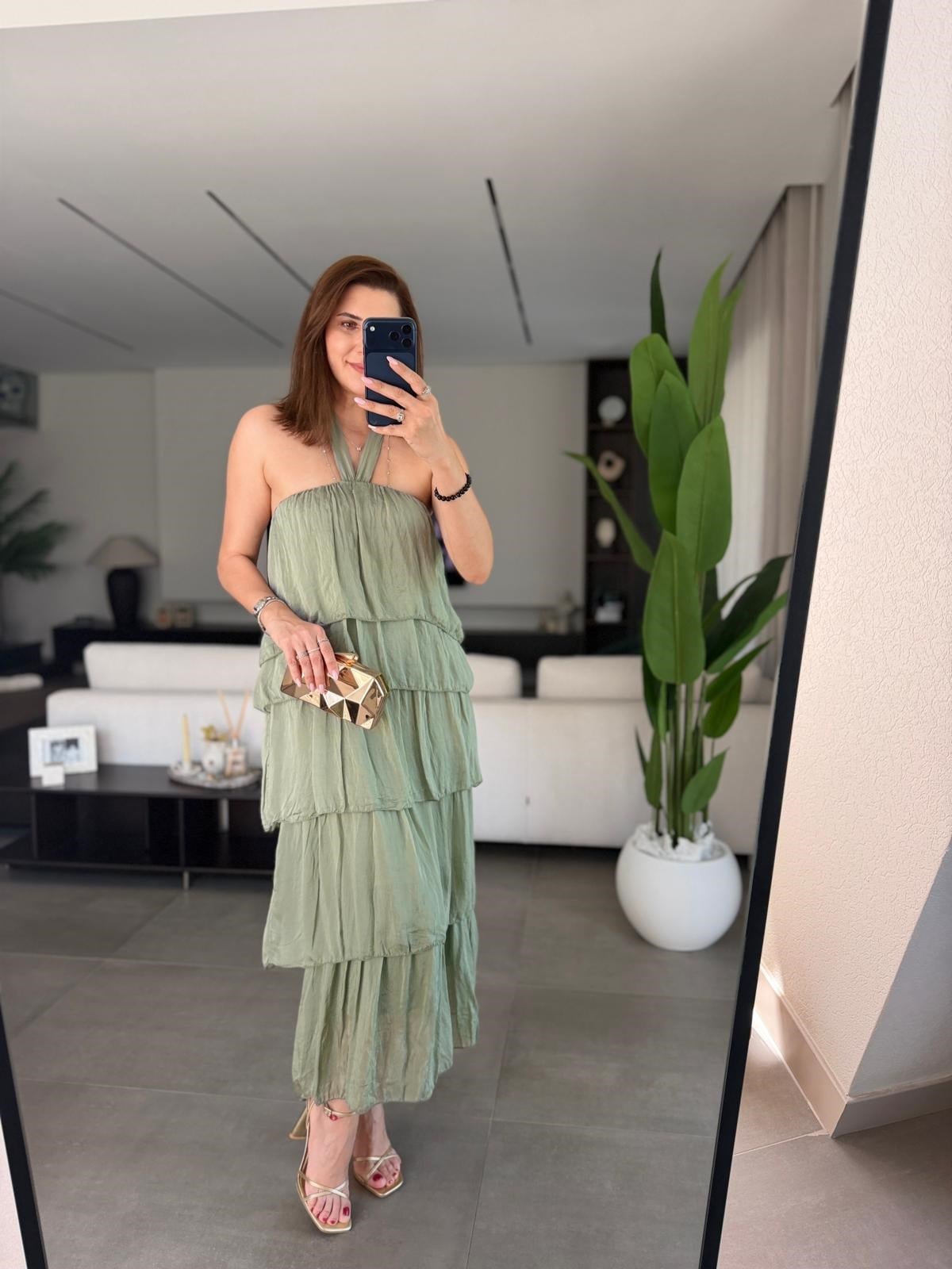 Haki Katkat Model Askılı İpek Elbise