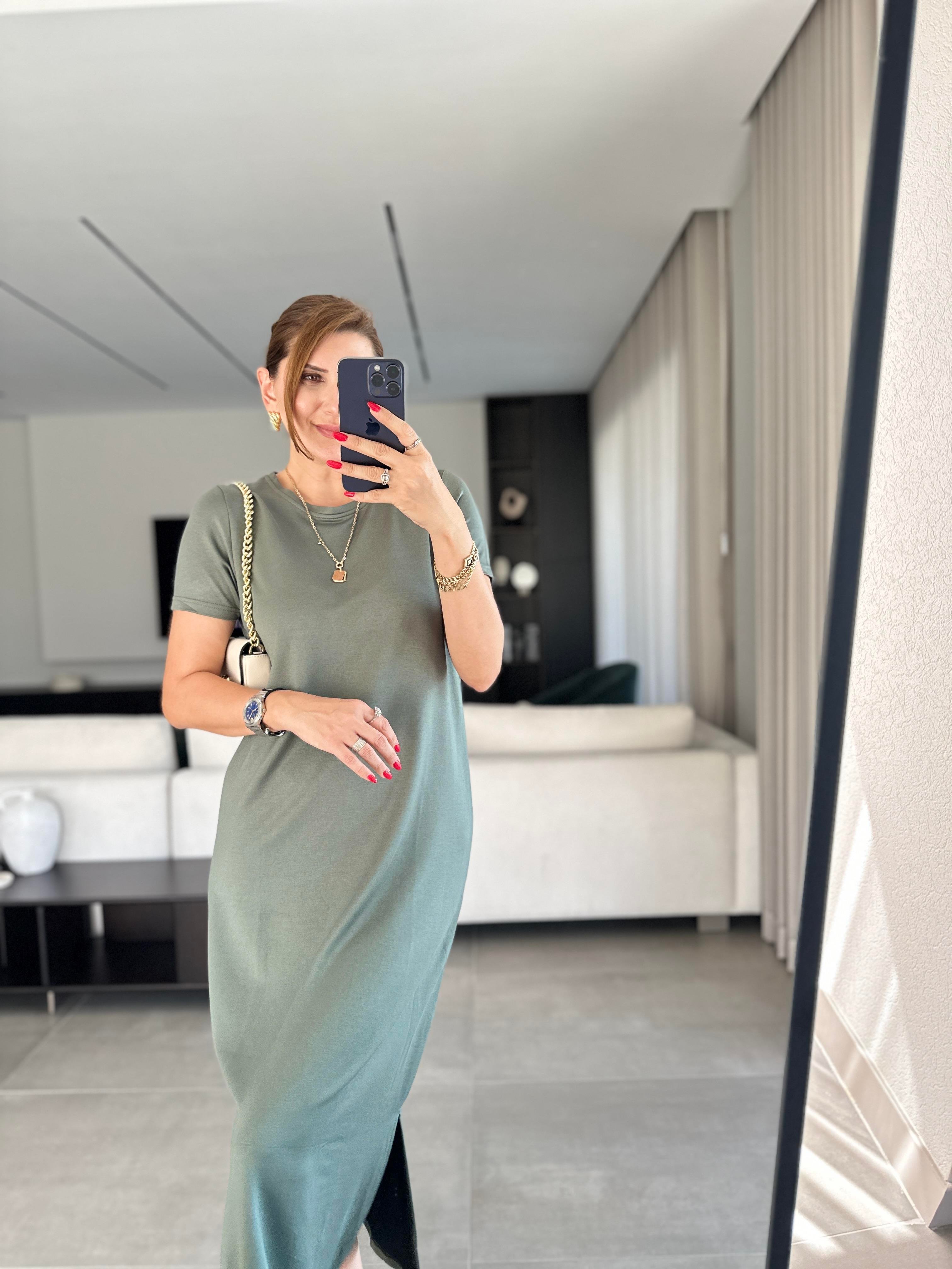 Haki Kısa Kollu Basic Yırtmaçlı Elbise