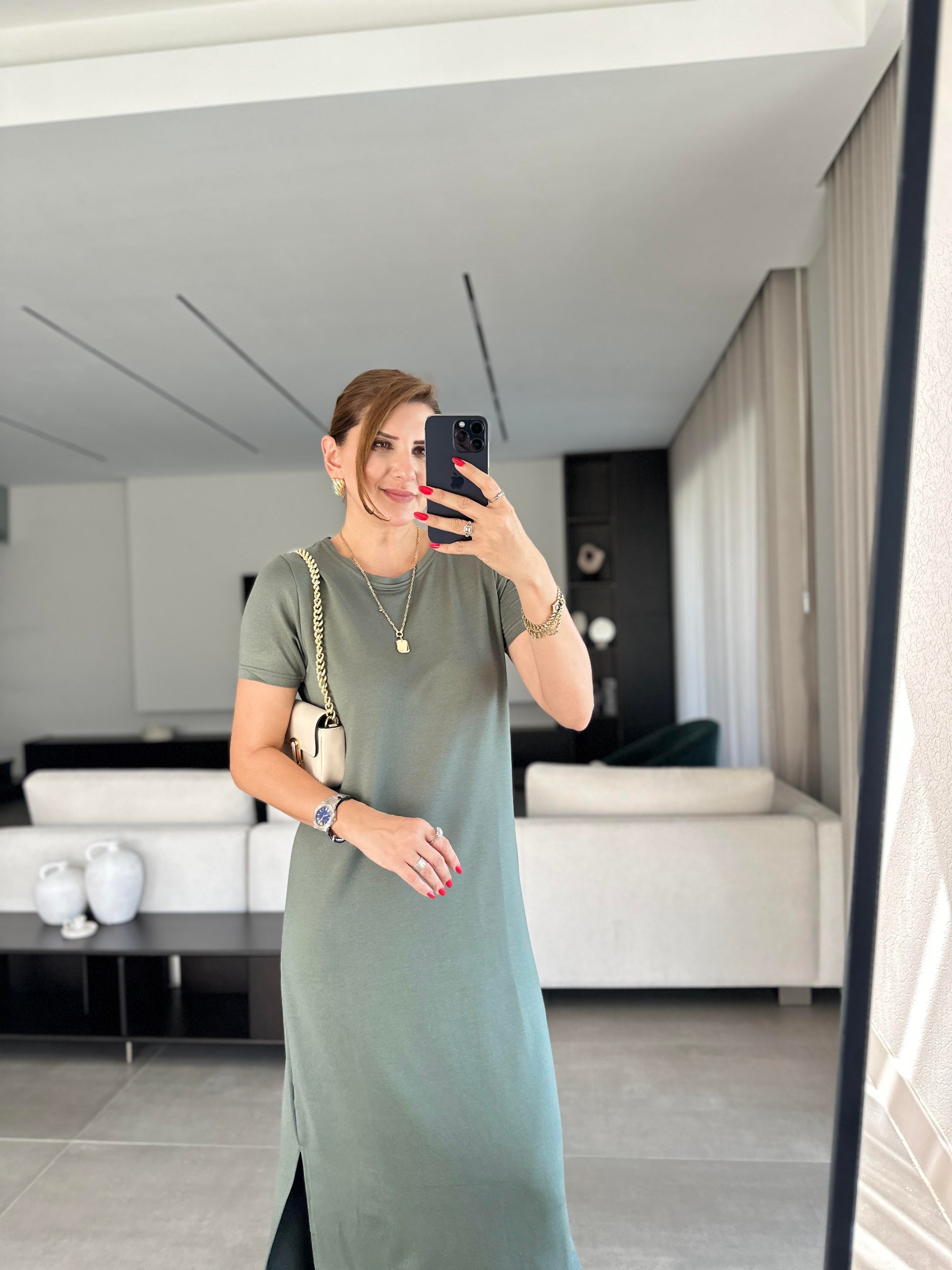 Haki Kısa Kollu Basic Yırtmaçlı Elbise
