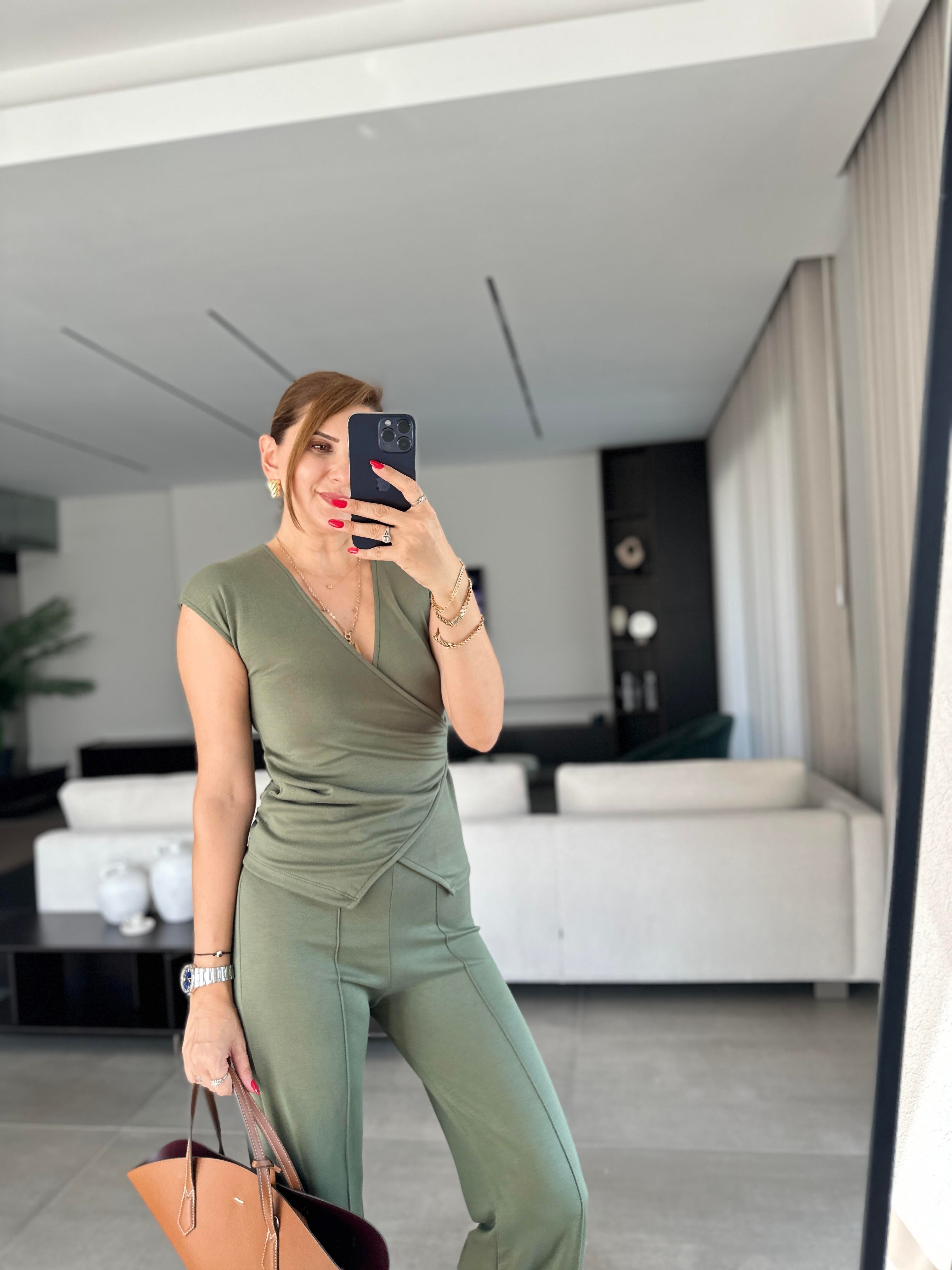 Haki Kruvaze Yaka Yan Büzgülü Pantolon Takım