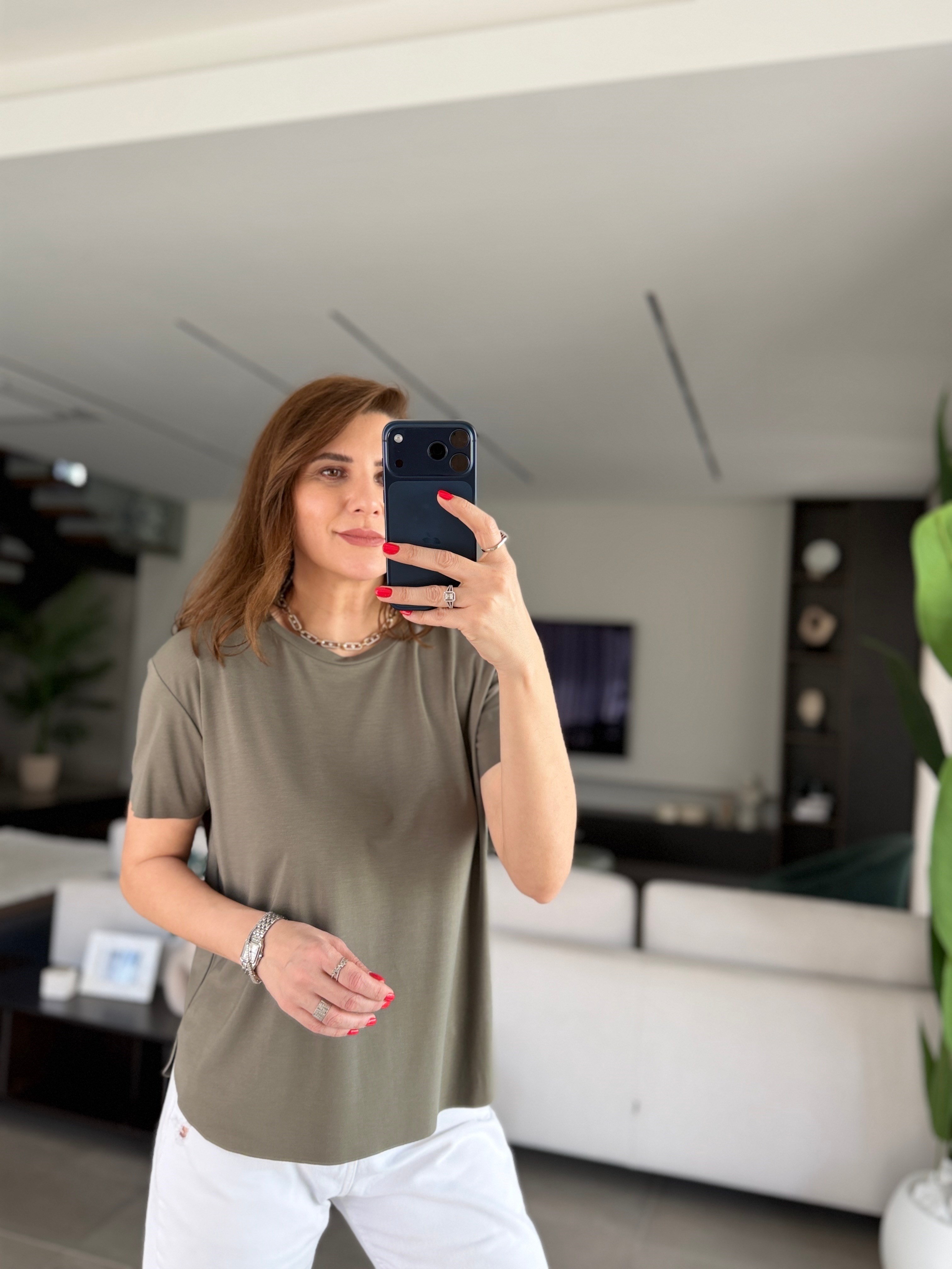 Haki Lazer Kesim Basic T-shirt