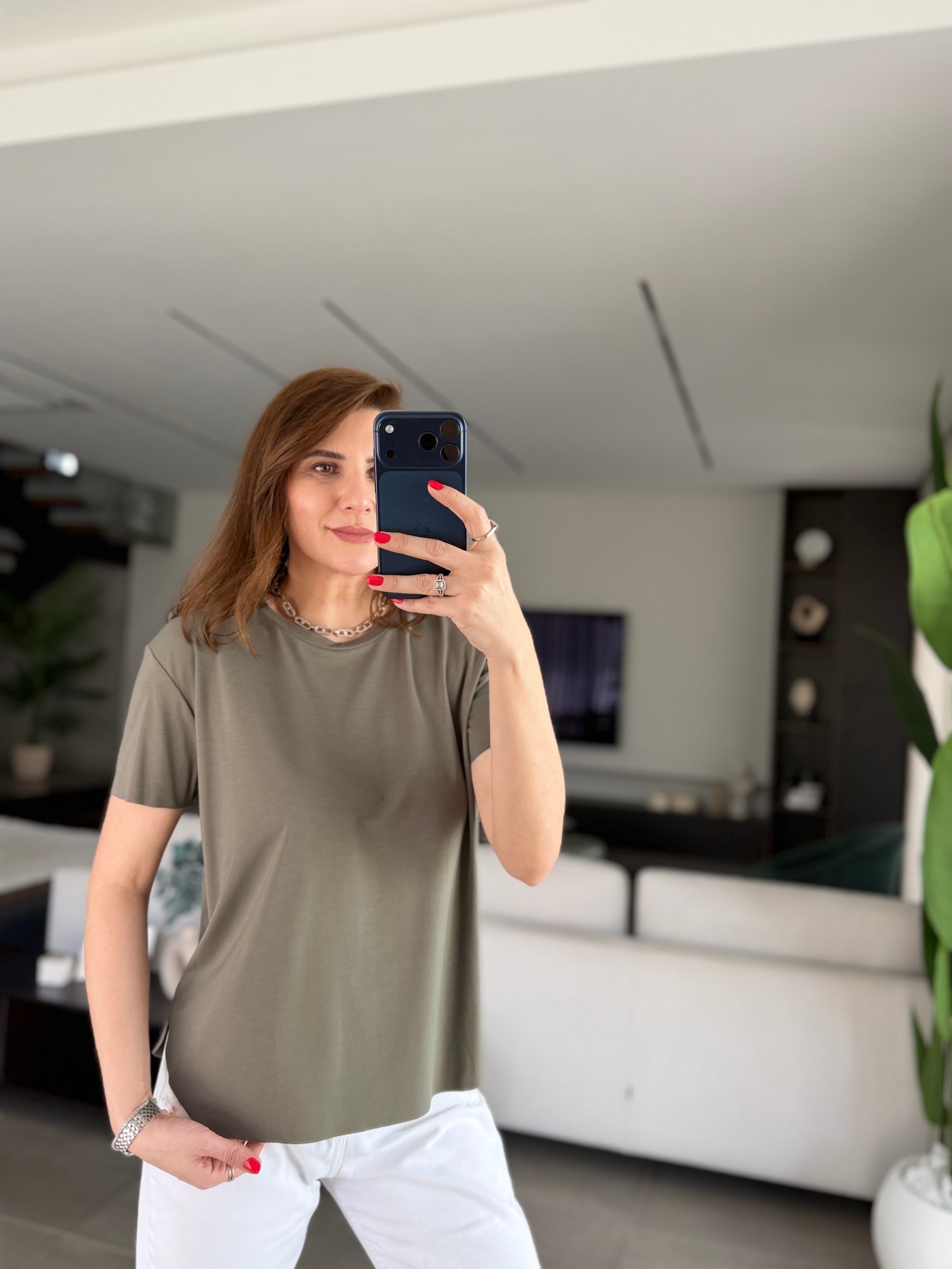 Haki Lazer Kesim Basic T-shirt