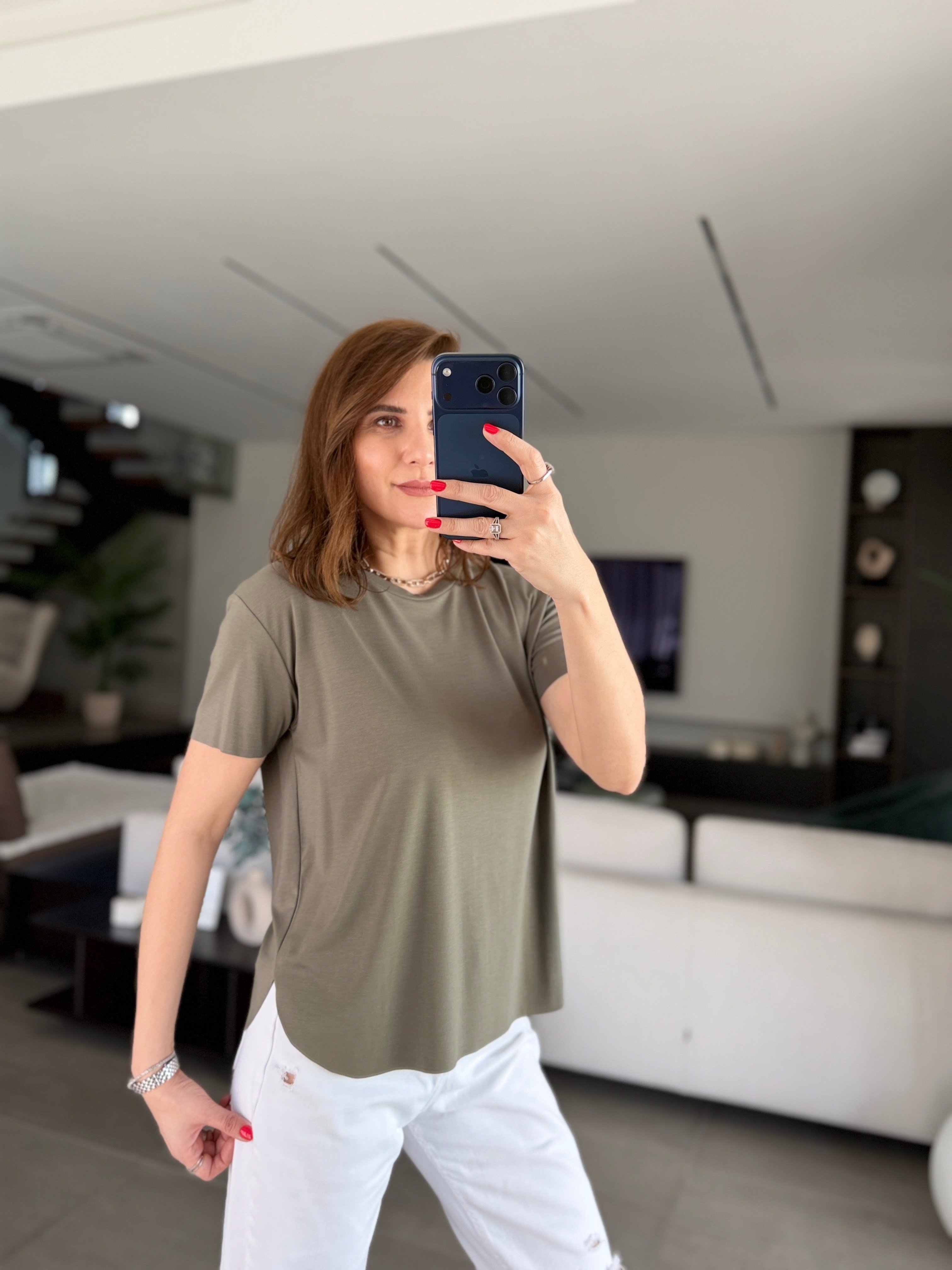 Haki Lazer Kesim Basic T-shirt
