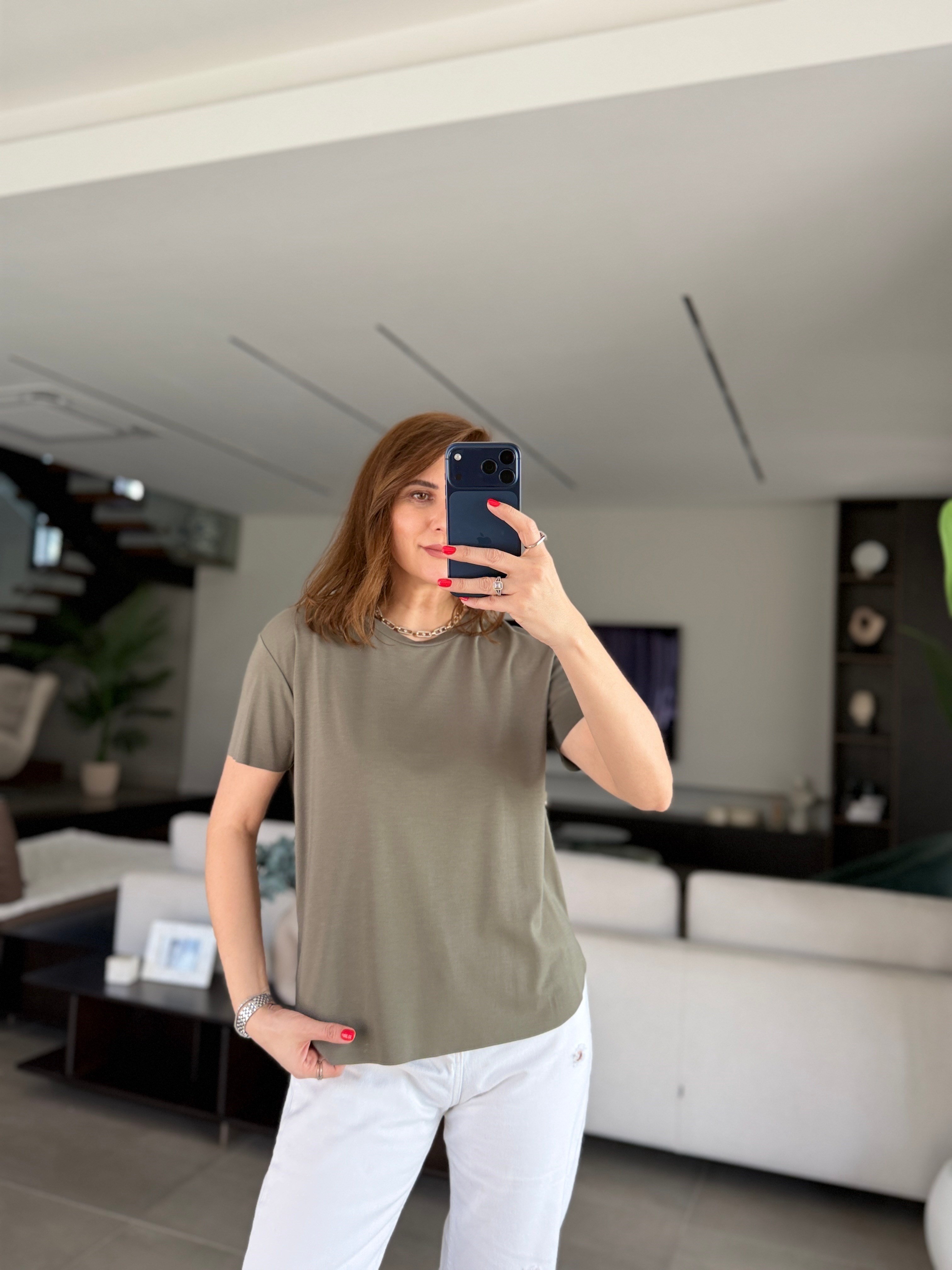 Haki Lazer Kesim Basic T-shirt
