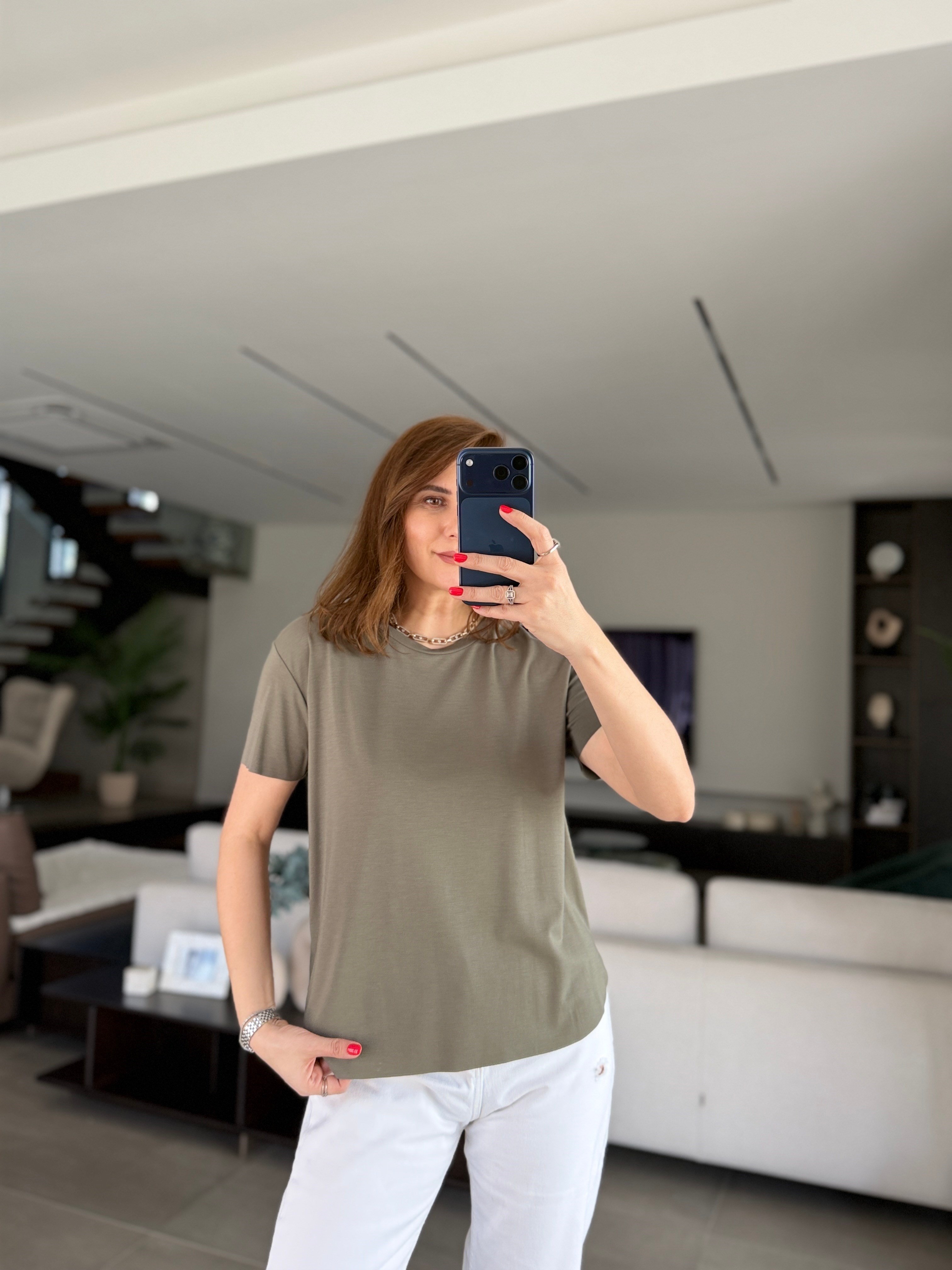 Haki Lazer Kesim Basic T-shirt