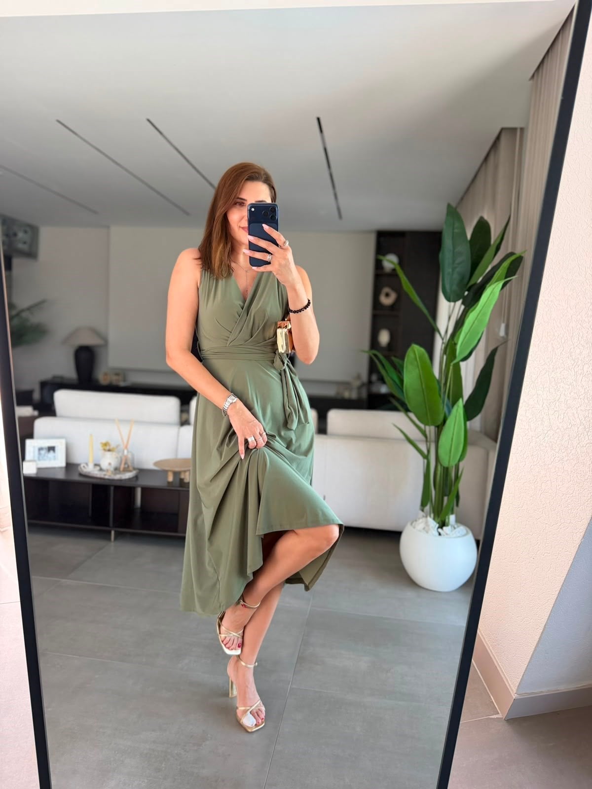 Haki Maxi Kruvaze Kuşaklı Elbise