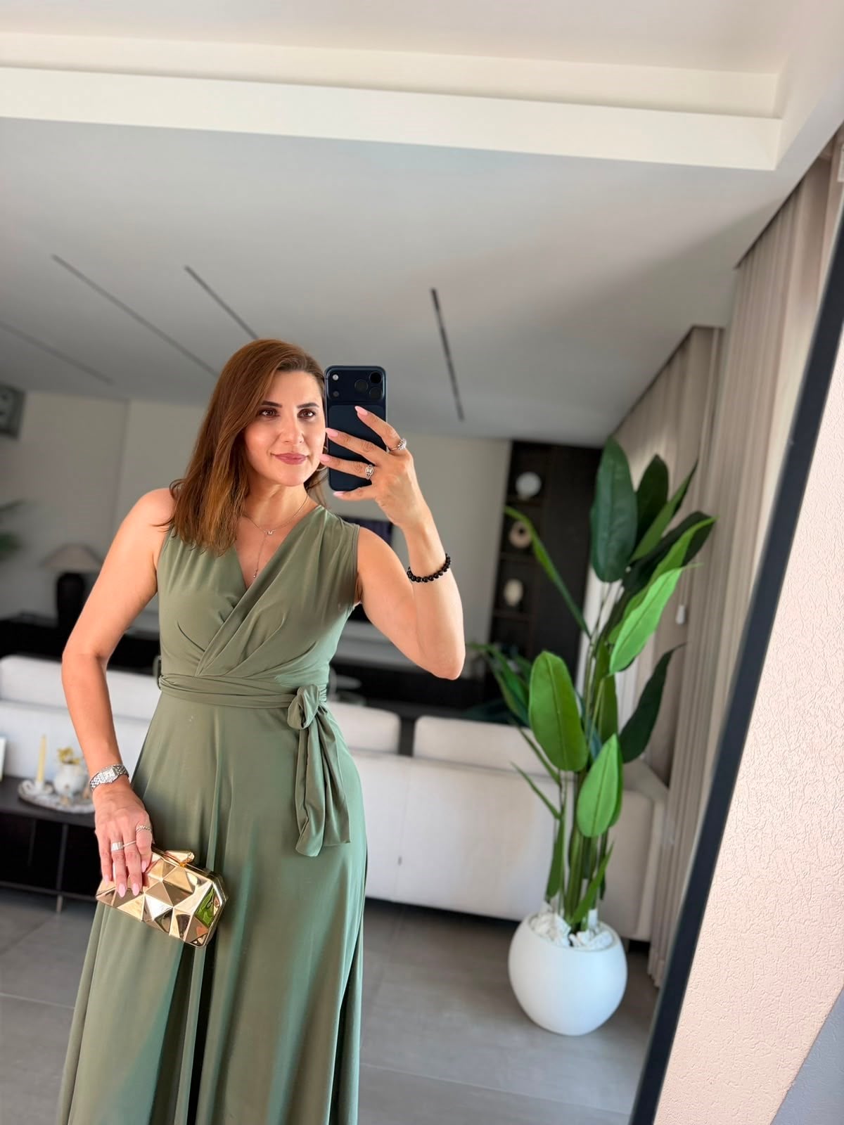 Haki Maxi Kruvaze Kuşaklı Elbise