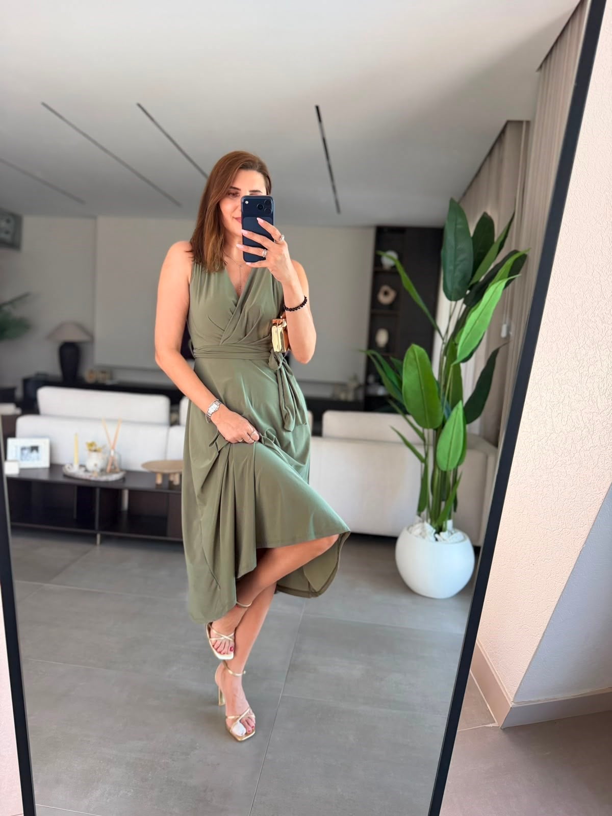 Haki Maxi Kruvaze Kuşaklı Elbise