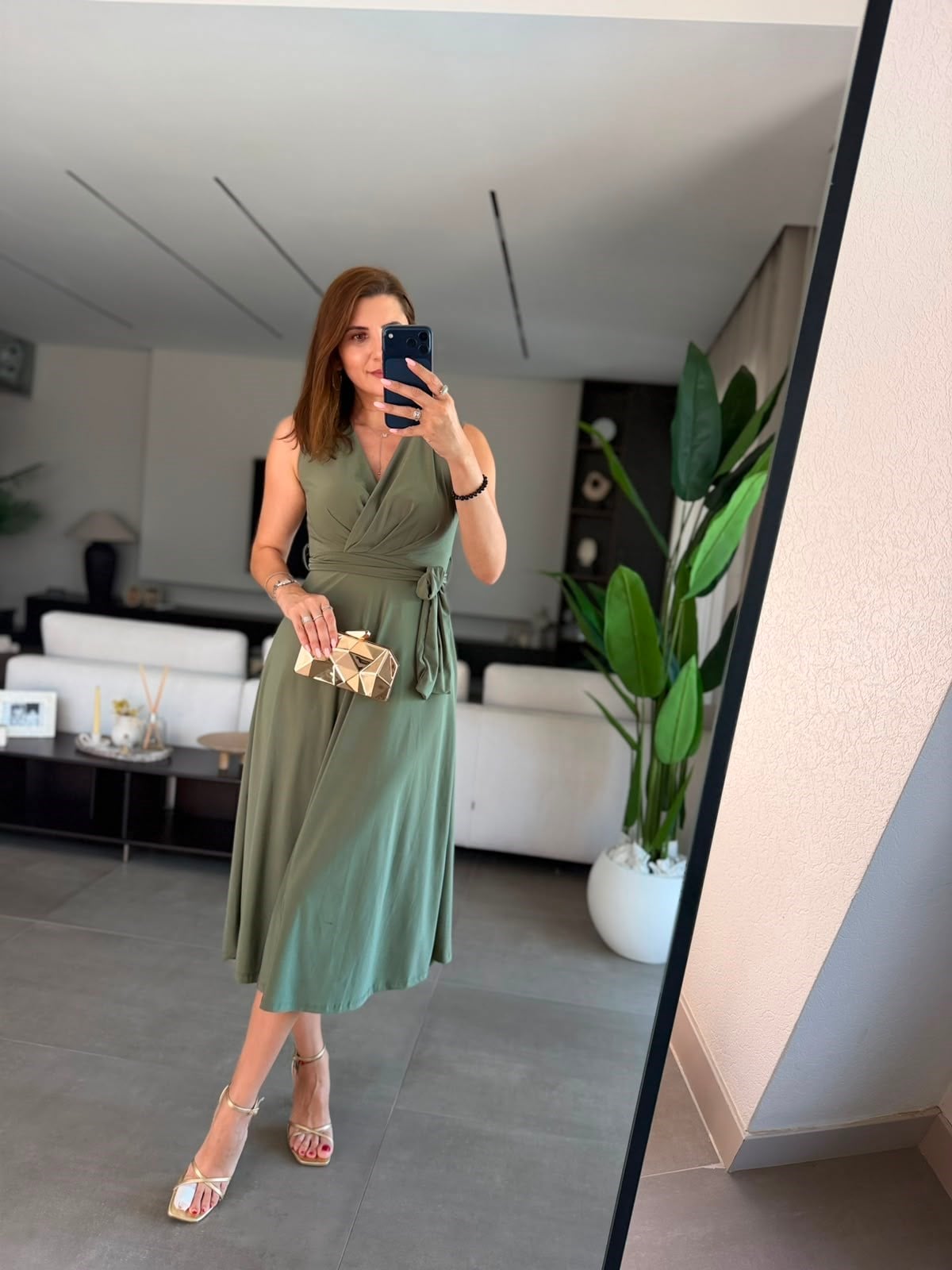 Haki Maxi Kruvaze Kuşaklı Elbise