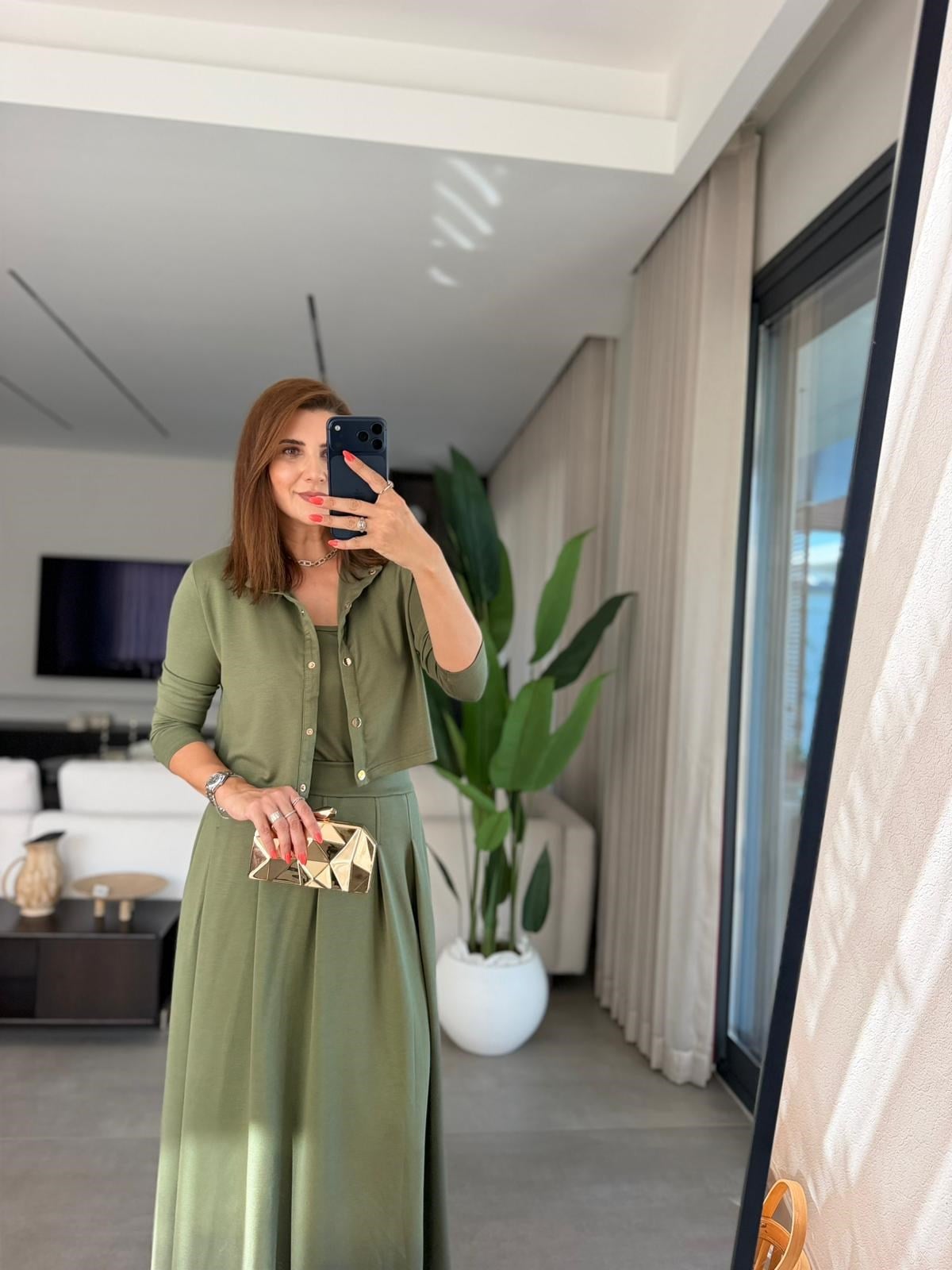 Haki Modal Ceketli Atletli Üçlü Etek Takım