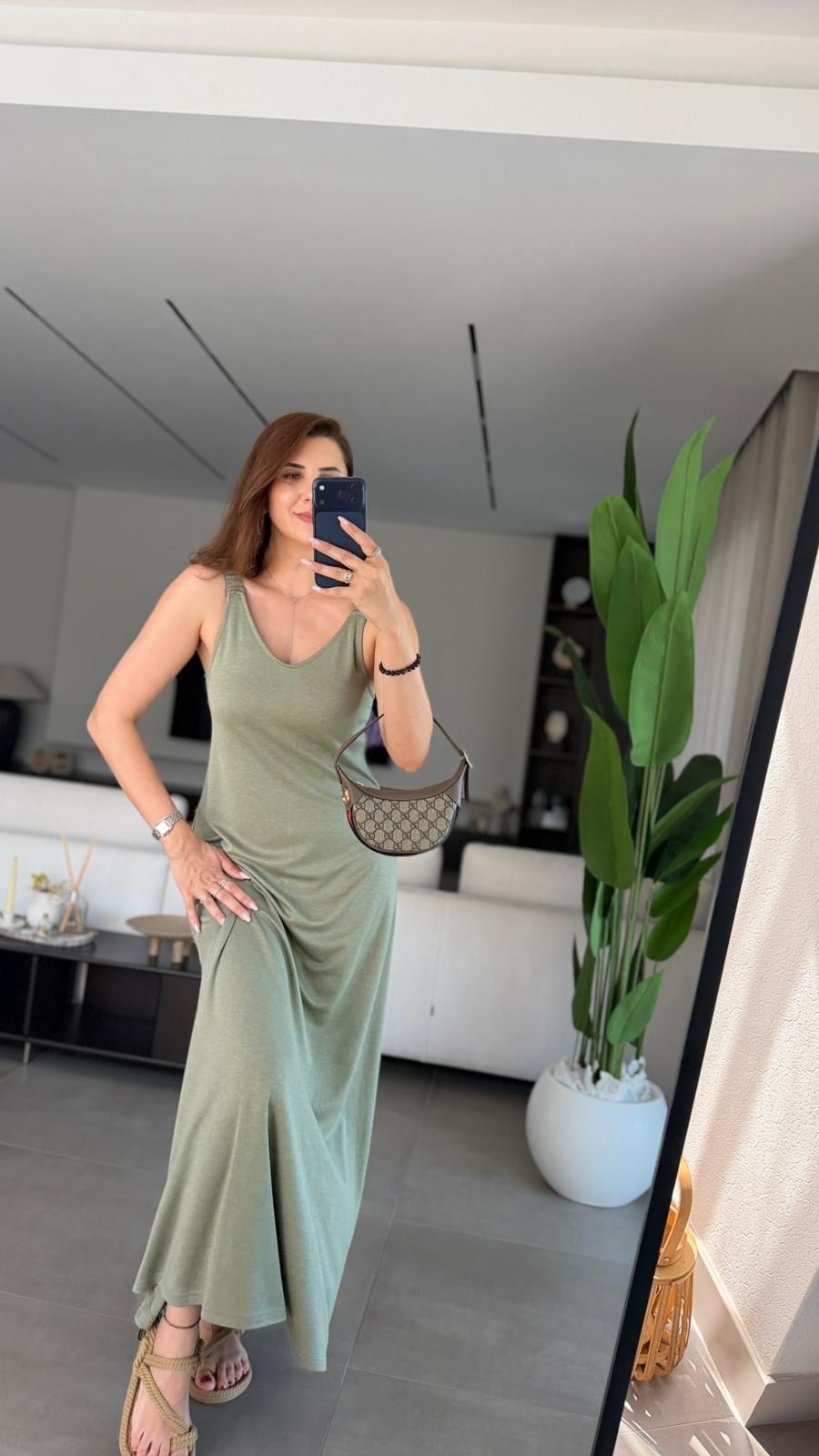 Haki Modal Lastik Askılı Elbise