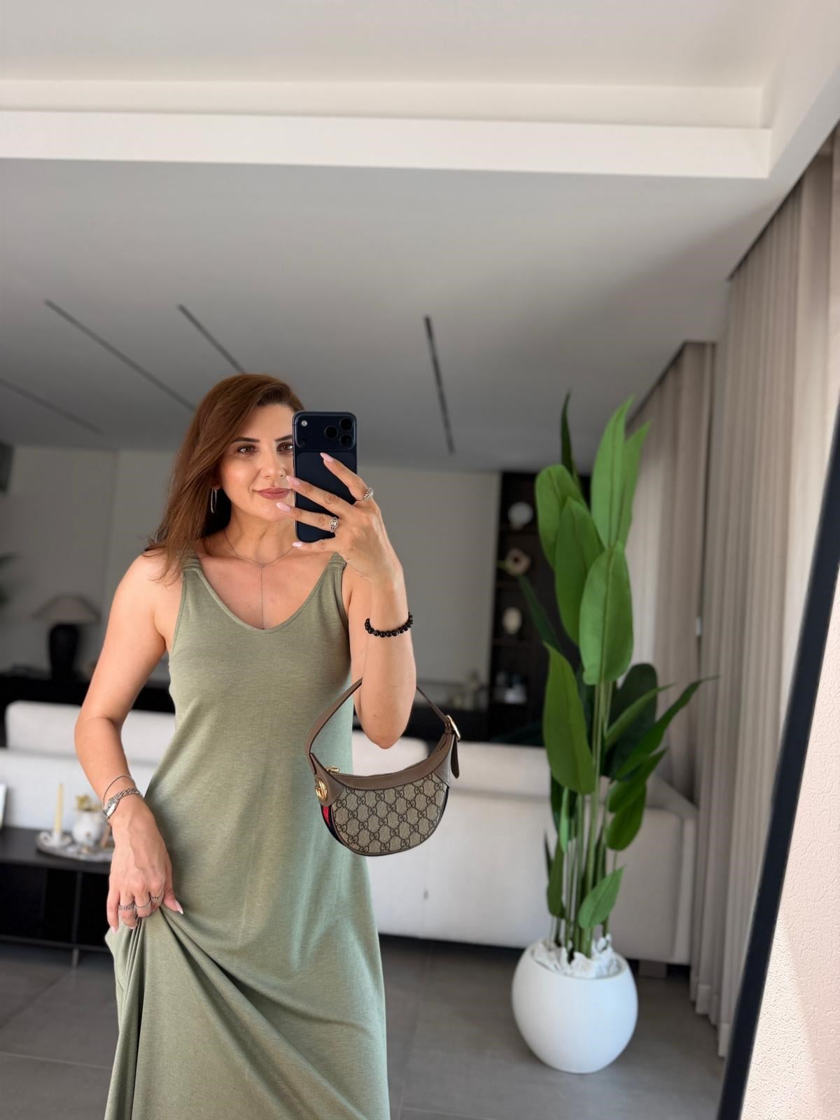 Haki Modal Lastik Askılı Elbise