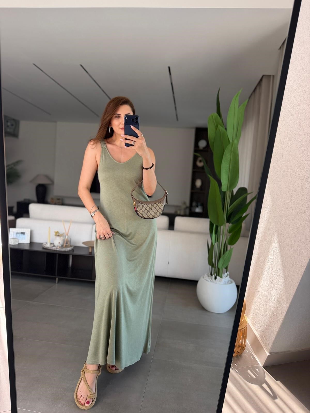 Haki Modal Lastik Askılı Elbise