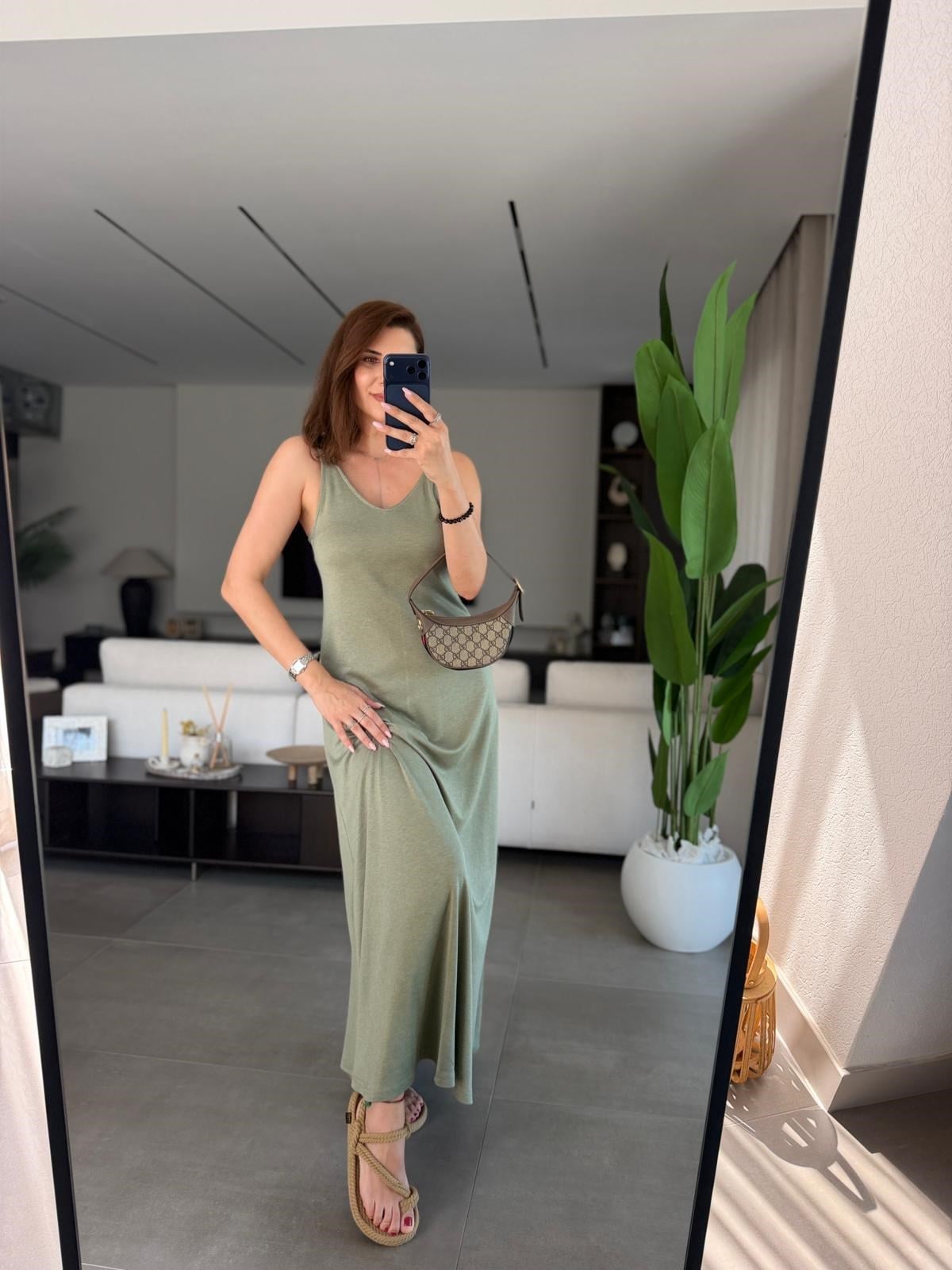Haki Modal Lastik Askılı Elbise