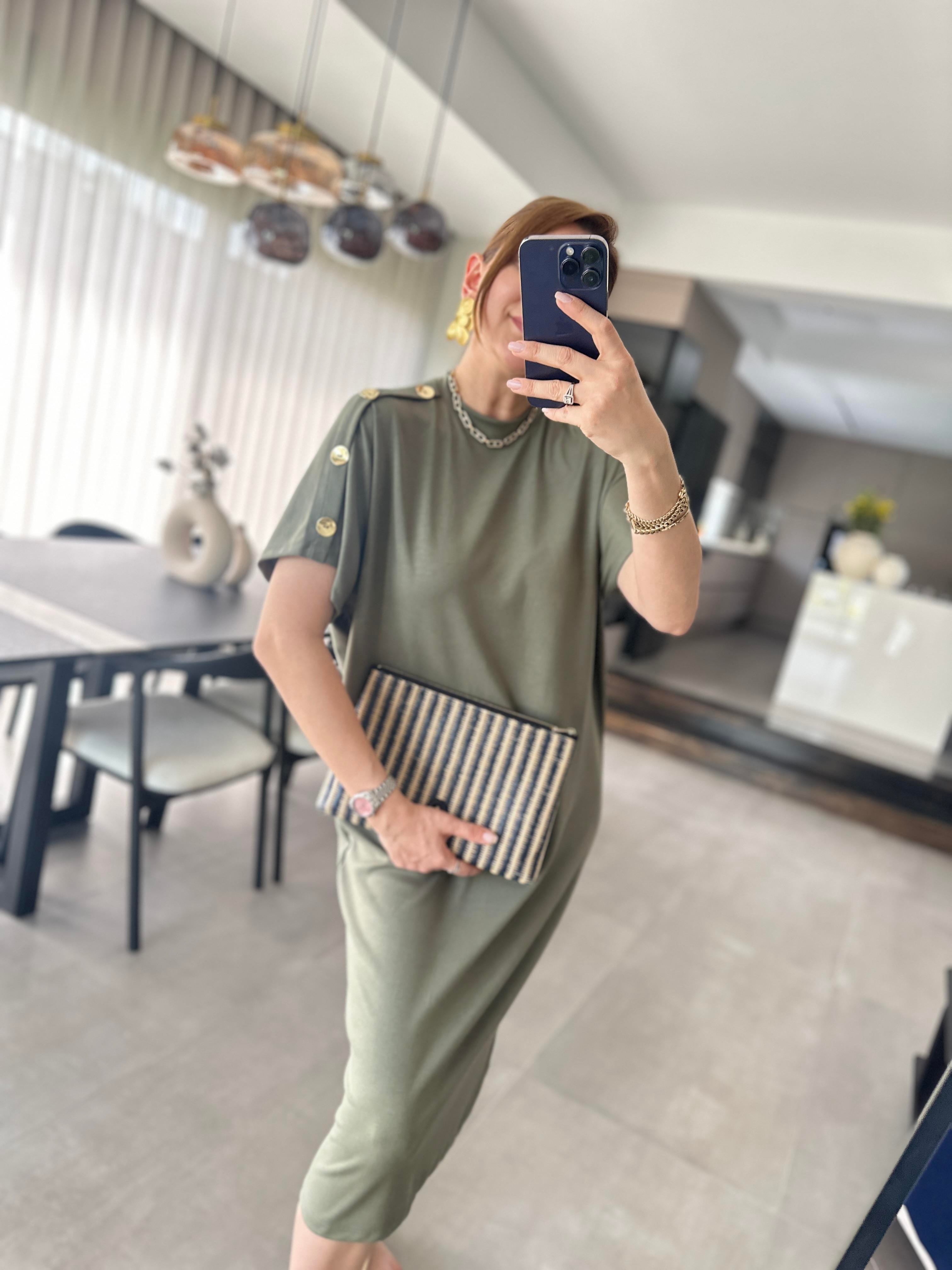 Haki Omuz Düğmeli Modal Elbise