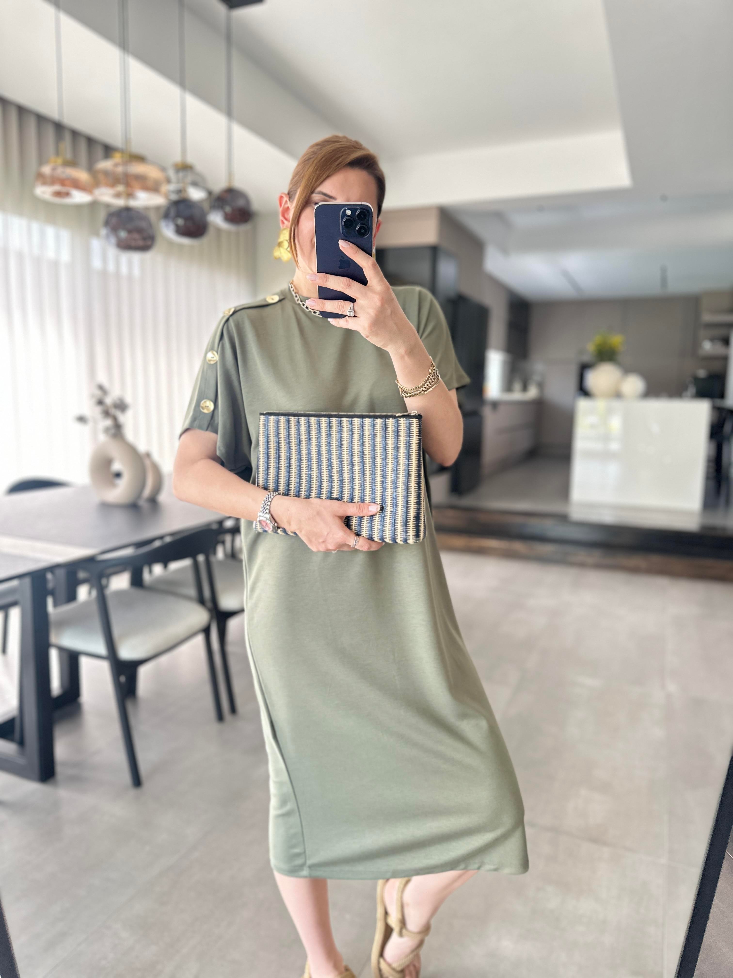 Haki Omuz Düğmeli Modal Elbise