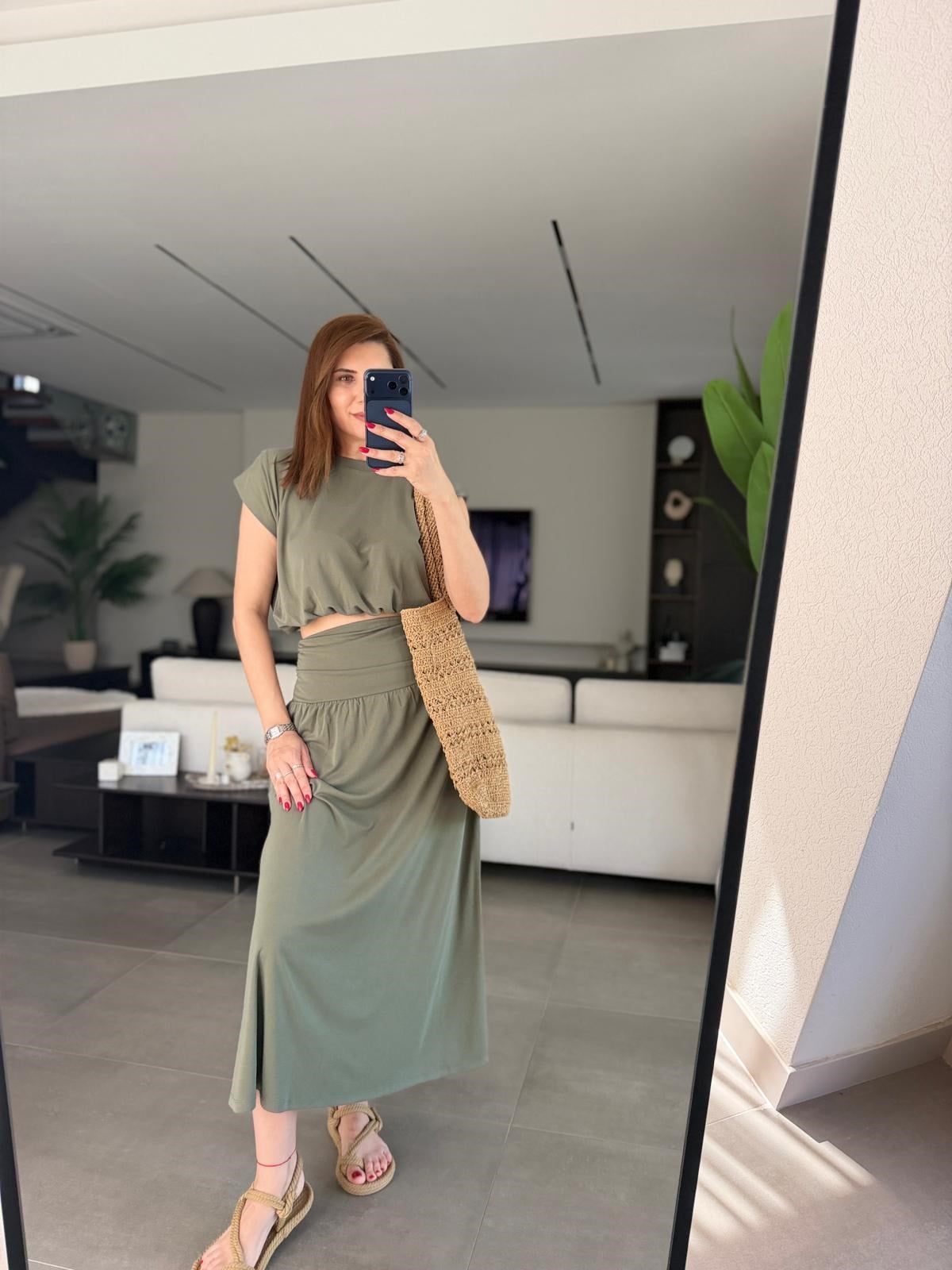 Haki Omuz Pileli Kemer Korsajlı Pike Etek Takım