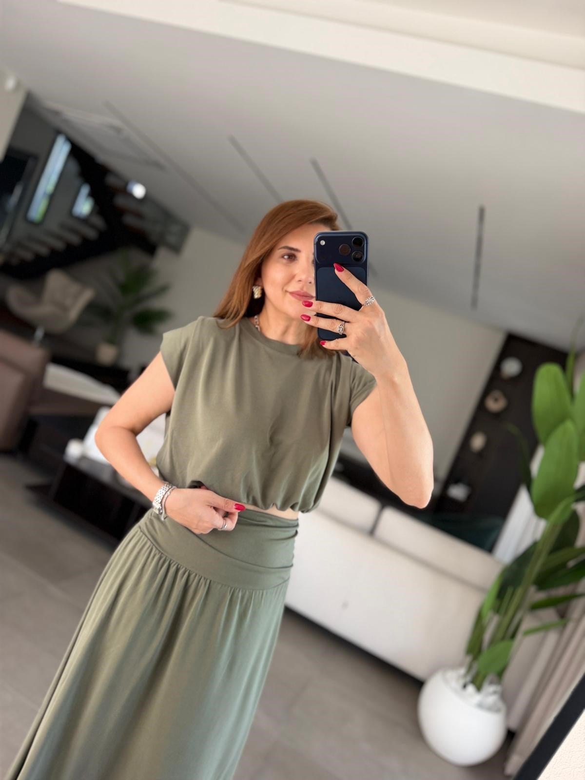 Haki Omuz Pileli Kemer Korsajlı Pike Etek Takım