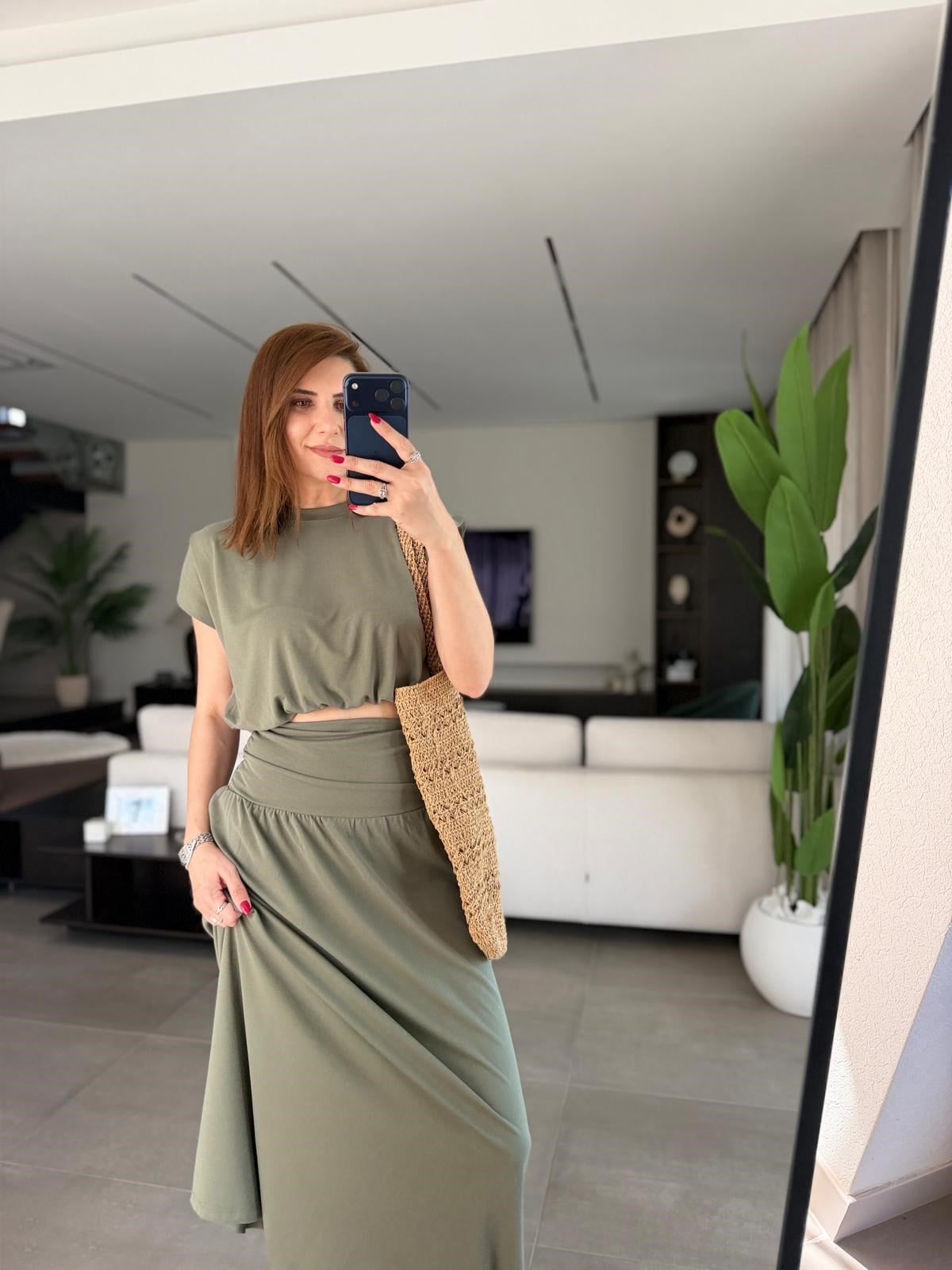 Haki Omuz Pileli Kemer Korsajlı Pike Etek Takım