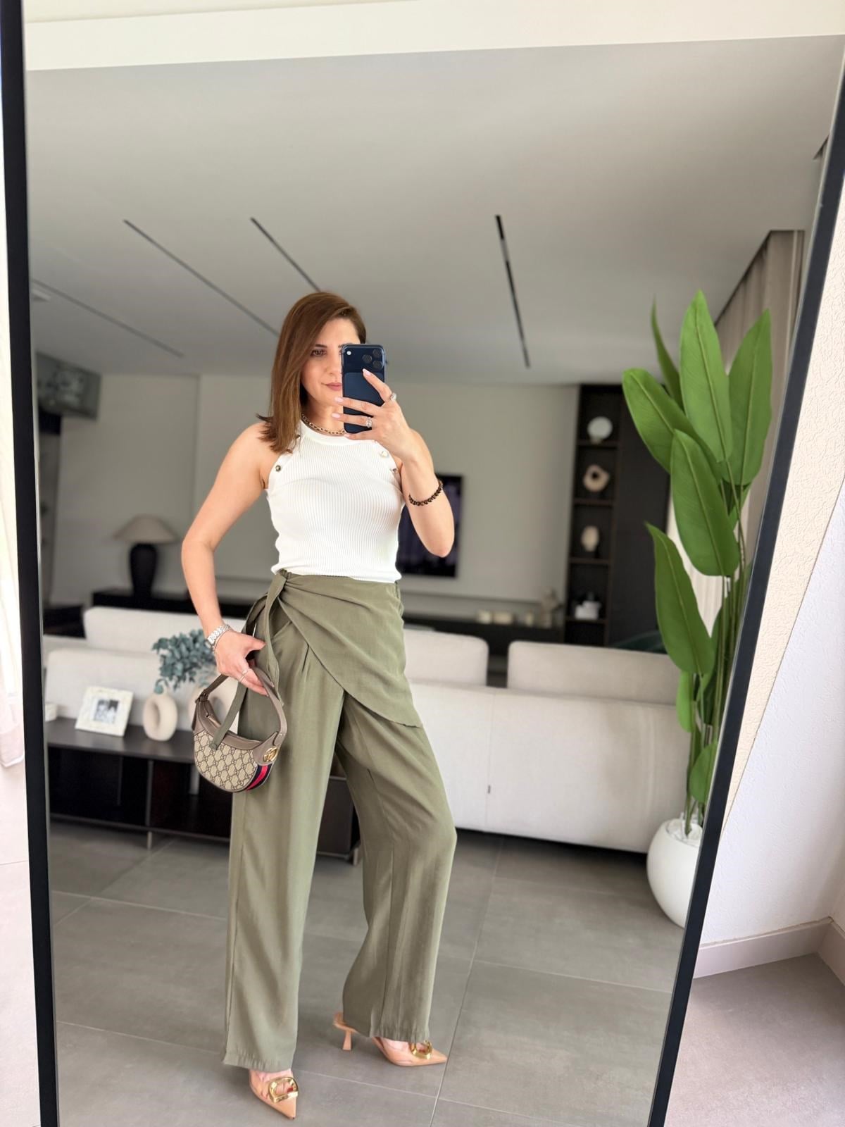 Haki Ön Bağlamalı Pantolon