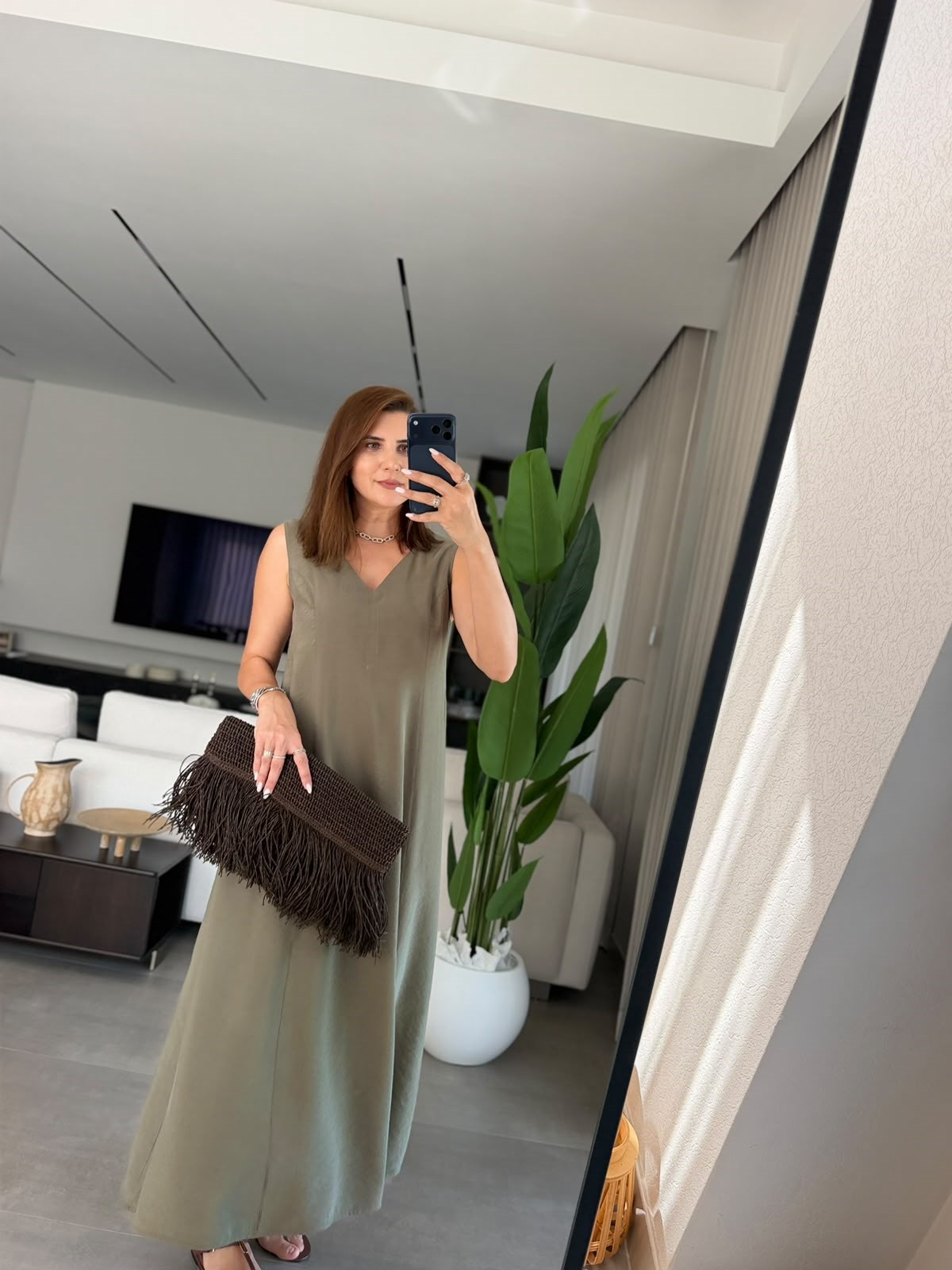 Haki  Ön Ve Arka V Yaka Tencel Elbise