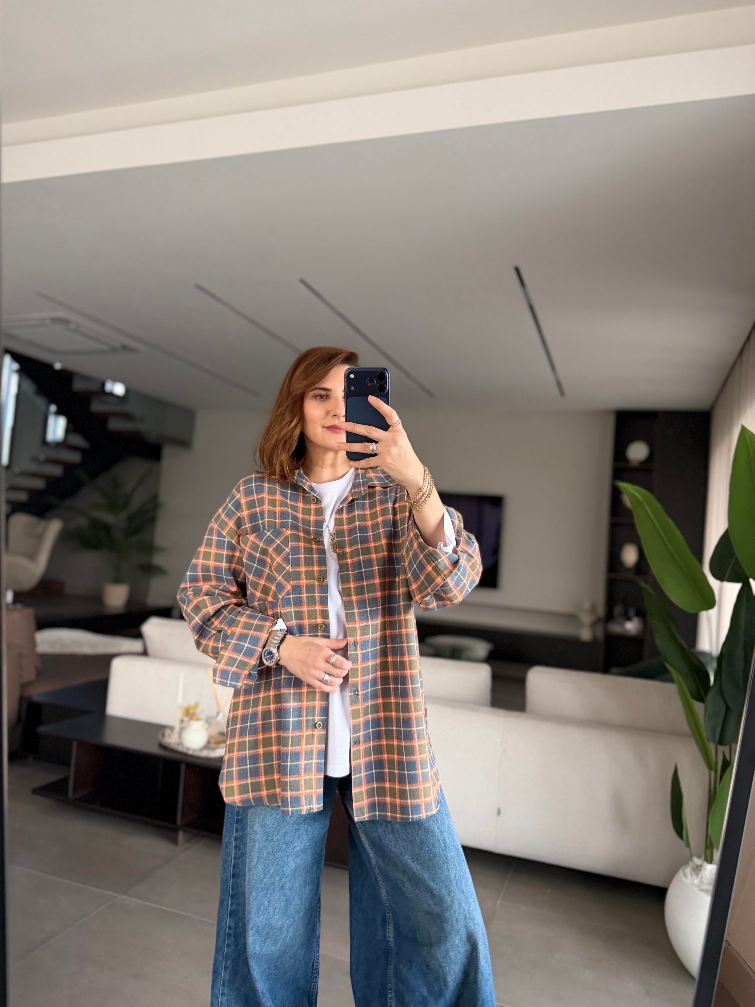 Haki Oversize Ekoseli Gömlek