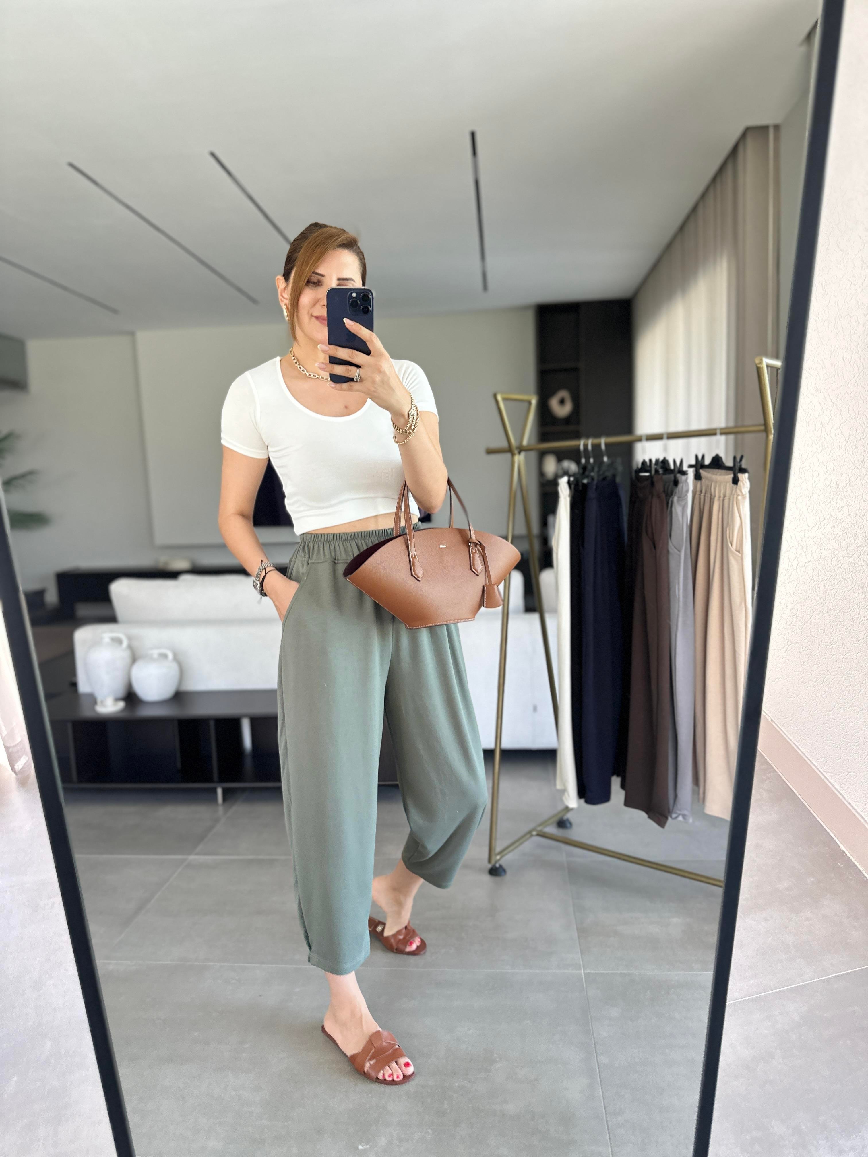 Haki Paça Tutturmalı Modal Pantolon
