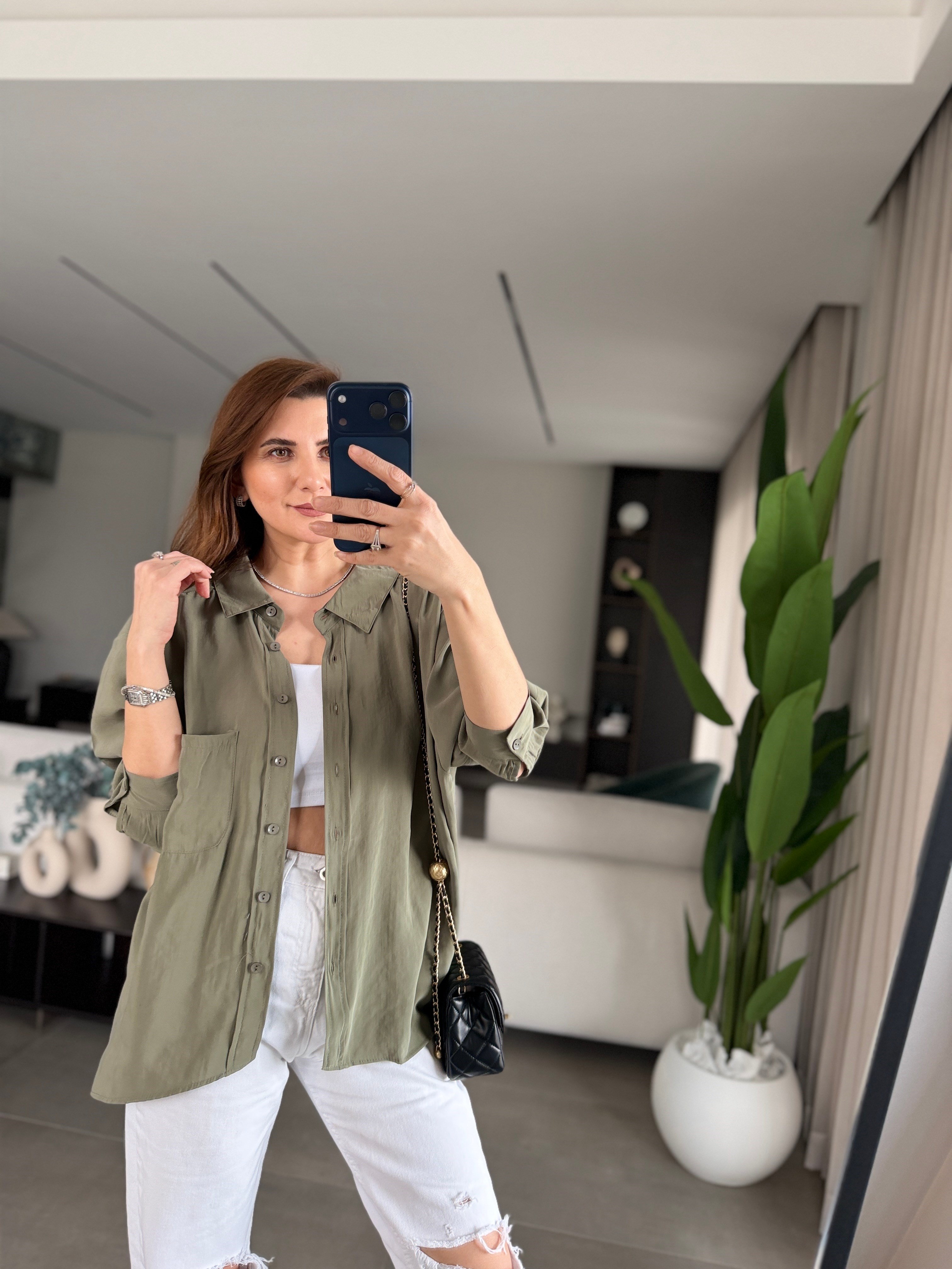 Haki Tek Cepli Modal Gömlek