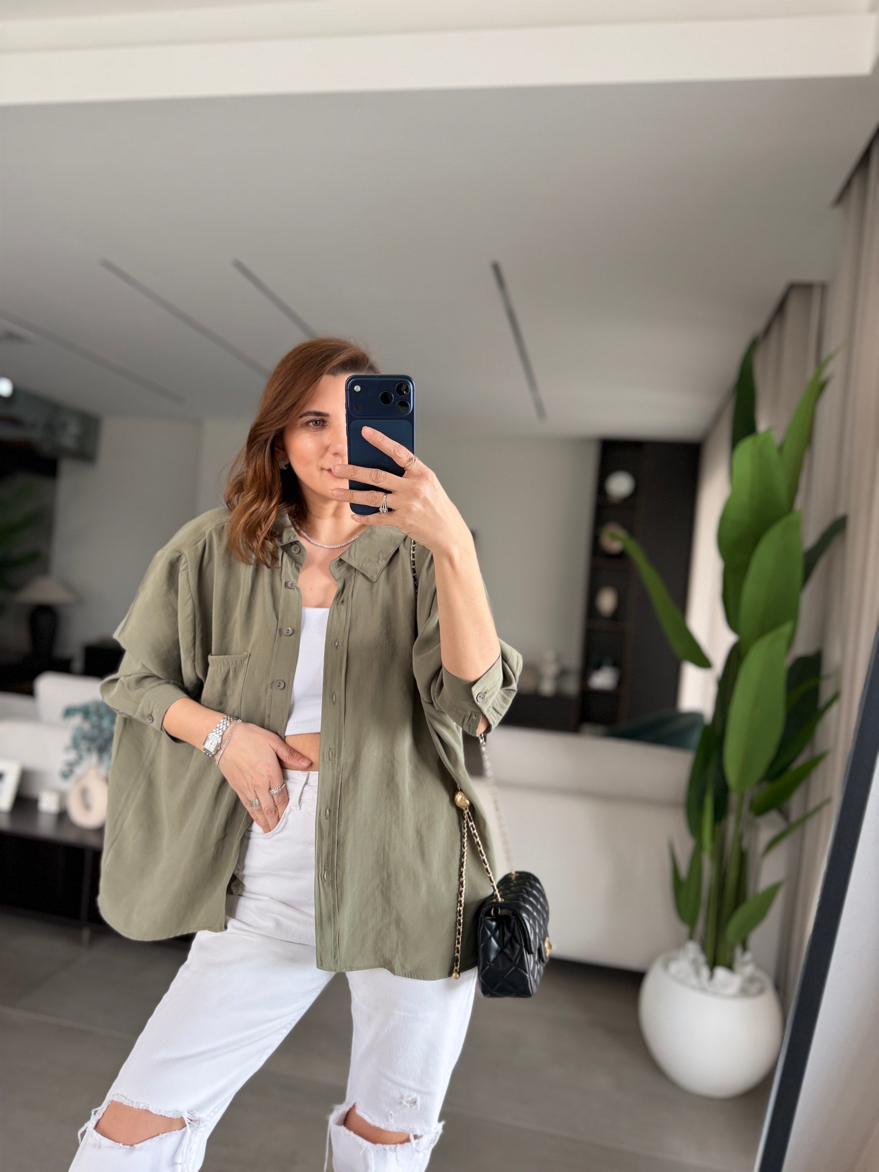 Haki Tek Cepli Modal Gömlek