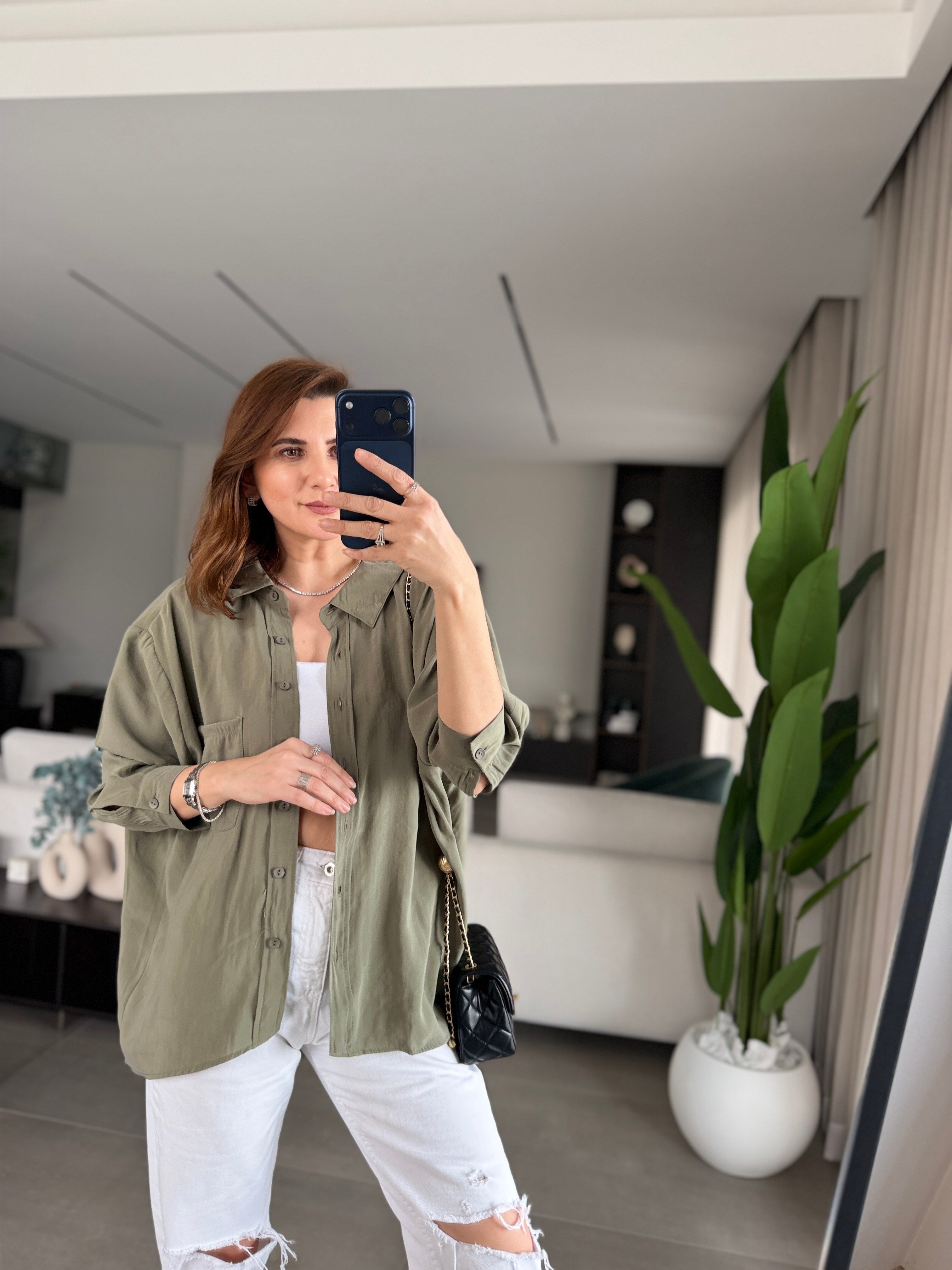 Haki Tek Cepli Modal Gömlek