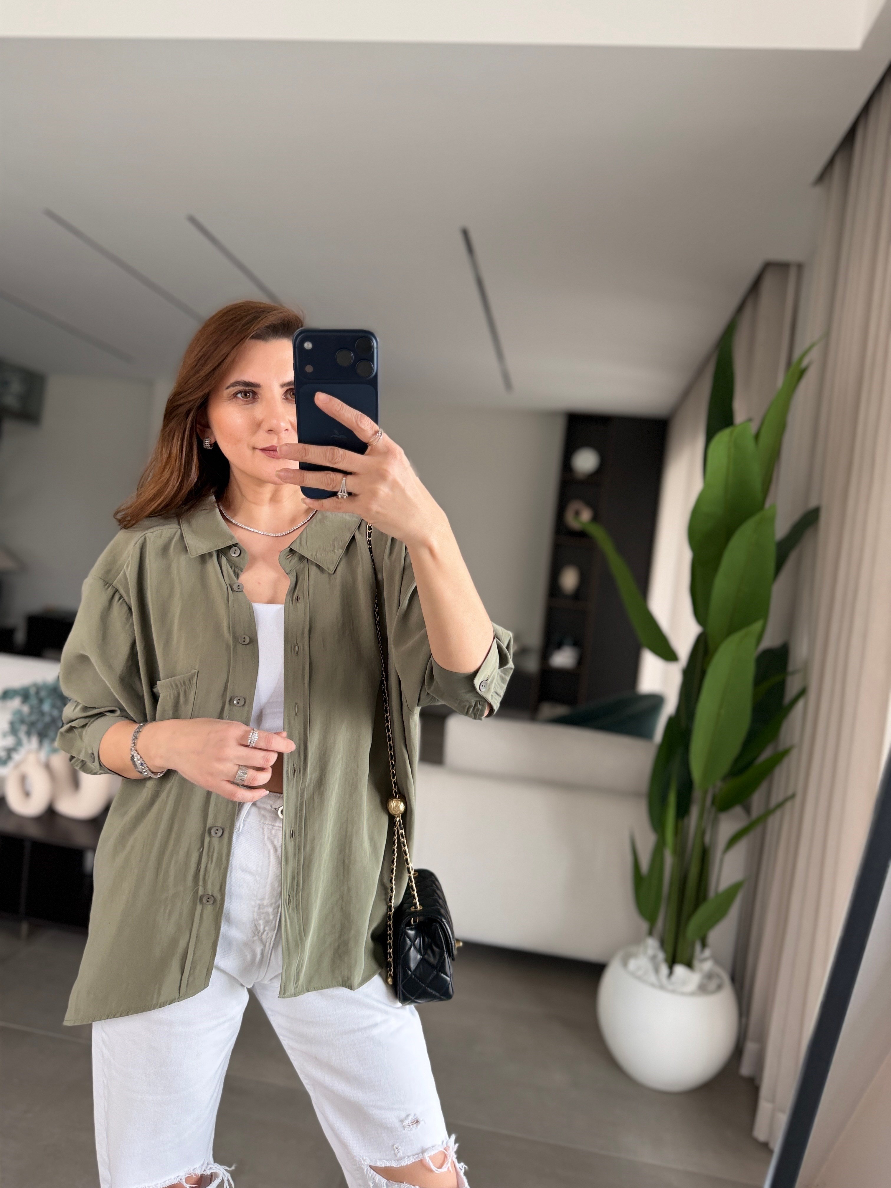 Haki Tek Cepli Modal Gömlek