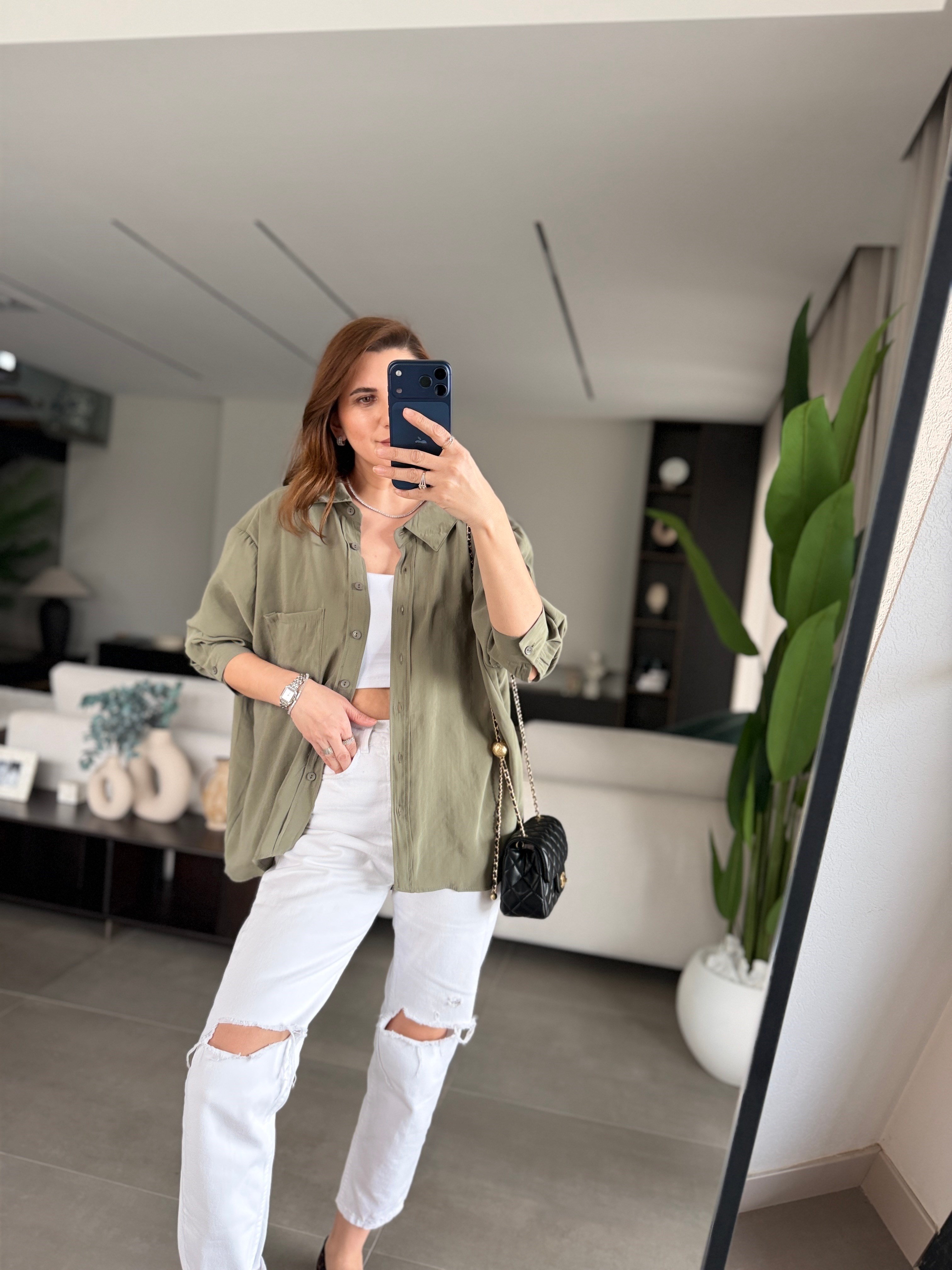 Haki Tek Cepli Modal Gömlek