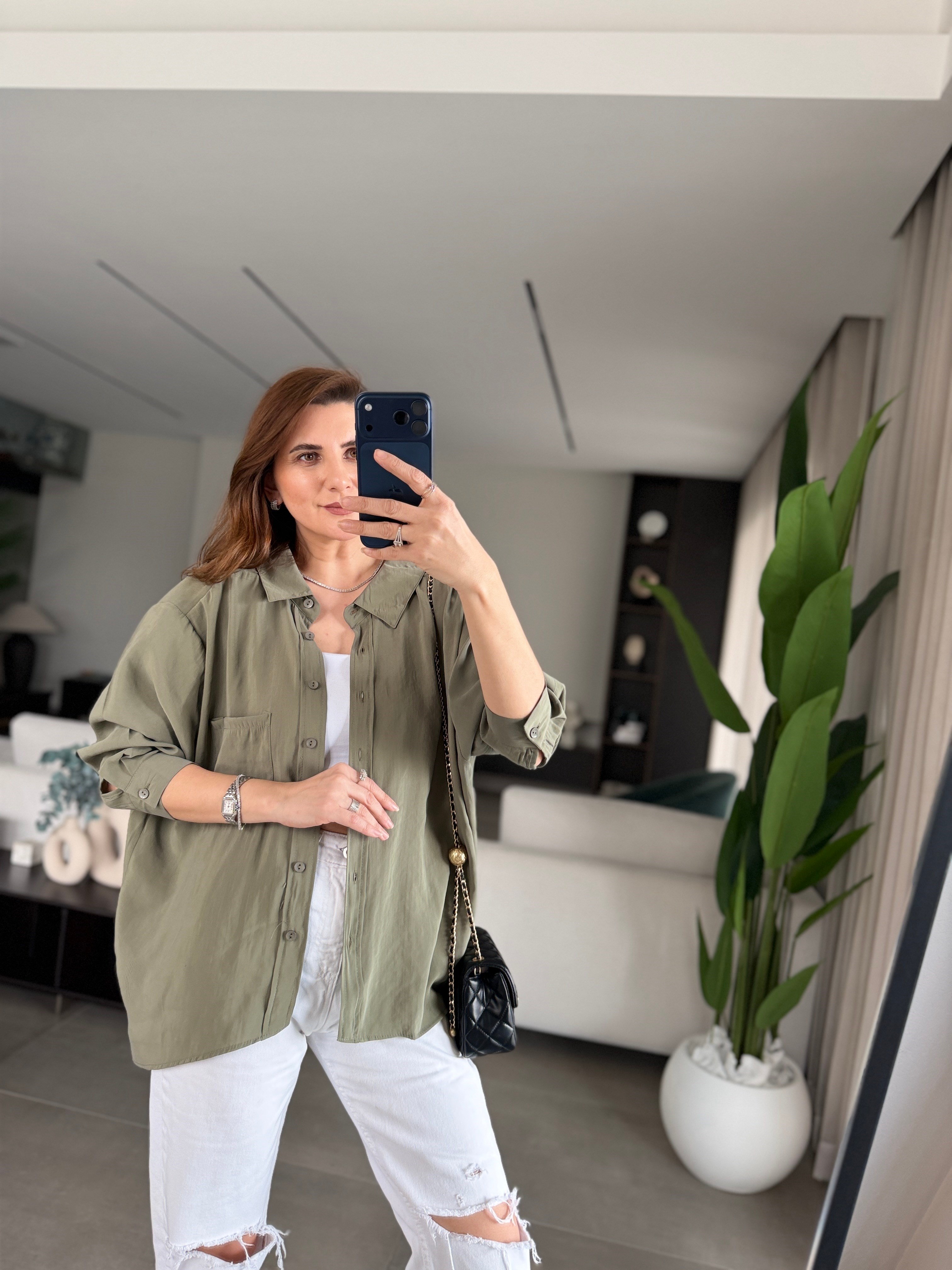 Haki Tek Cepli Modal Gömlek