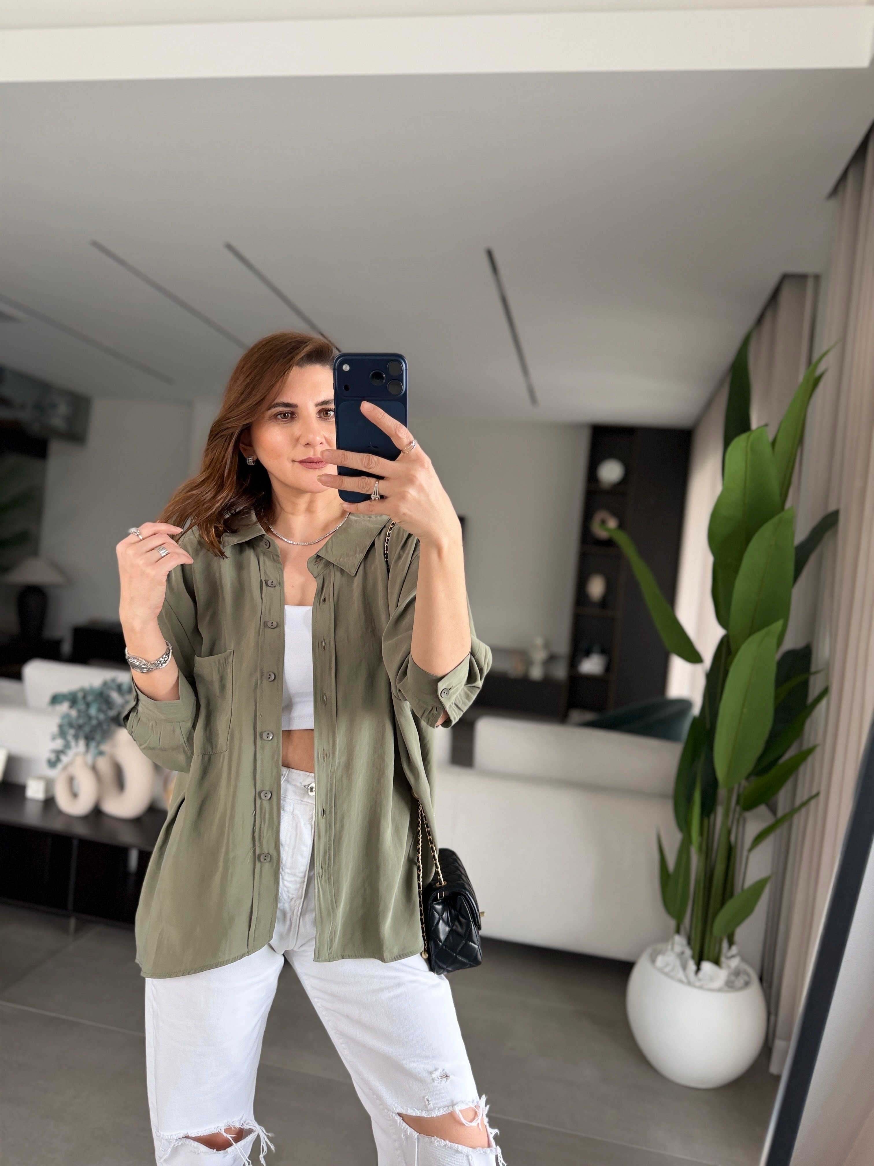 Haki Tek Cepli Modal Gömlek